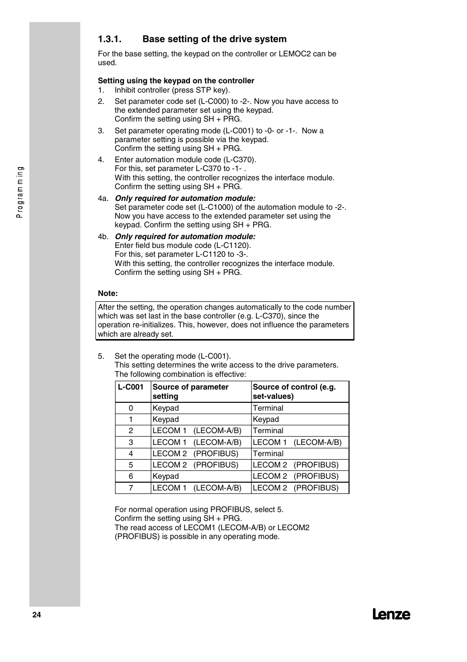 Base setting of the drive system | Lenze 2130IB User Manual | Page 26 / 92