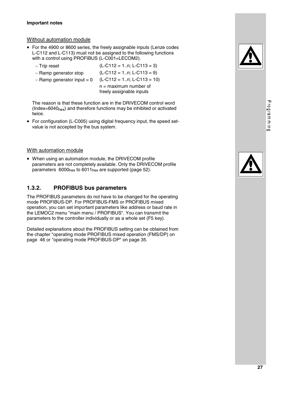 Profibus bus parameters | Lenze 2130IB User Manual | Page 29 / 92