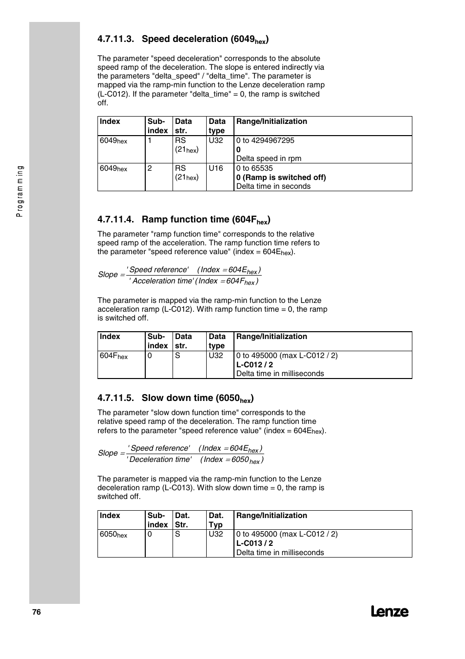 Speed deceleration (6049, Ramp function time (604f, Slow down time (6050 | Lenze 2130IB User Manual | Page 78 / 92