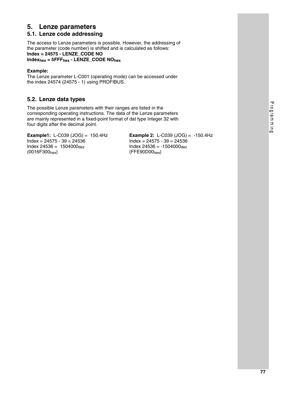 Lenze parameters, Lenze code addressing, Lenze data types | Lenze 2130IB User Manual | Page 79 / 92