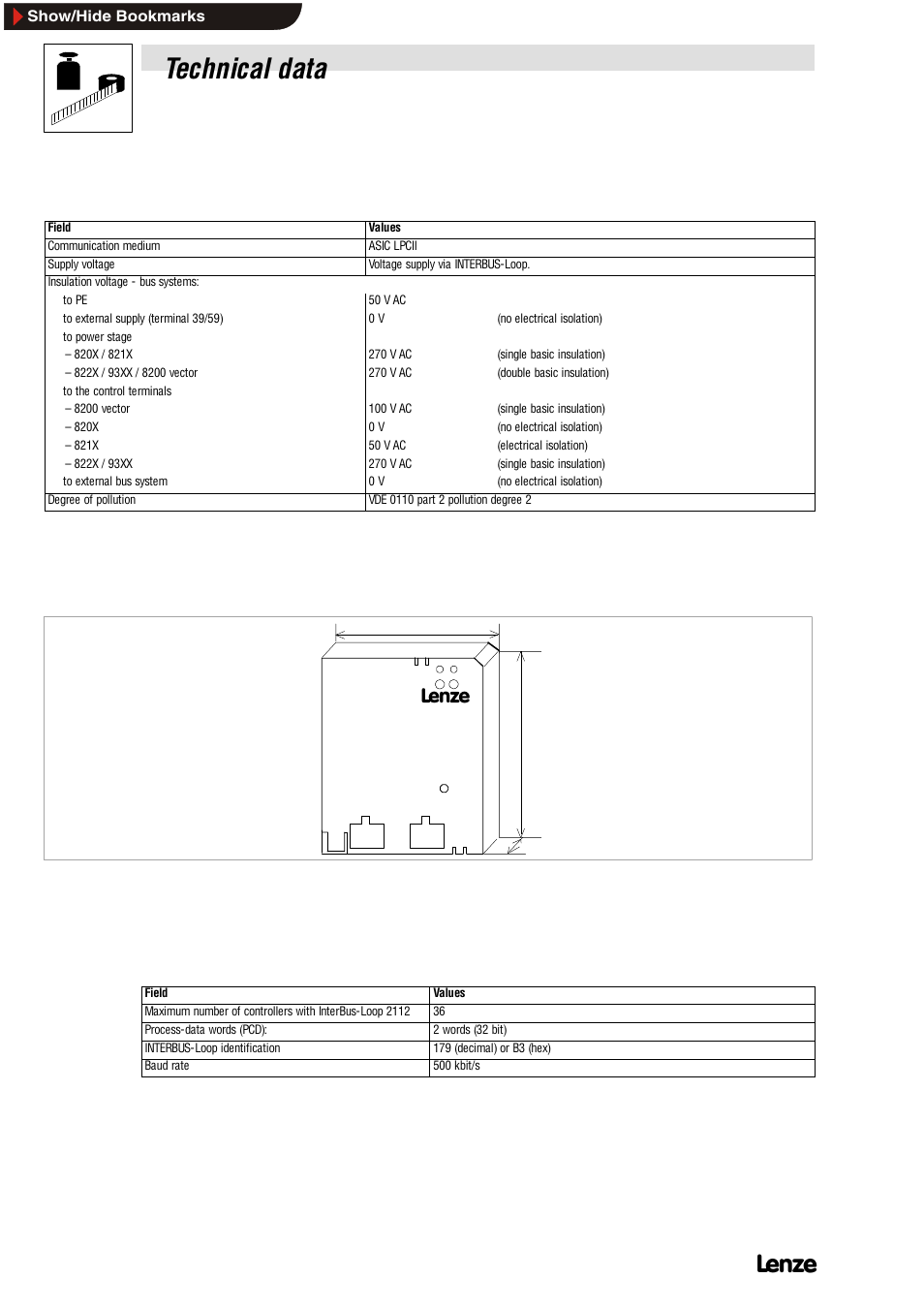 3 rated data, 4 dimensions, 5 protocol data | Rated data, Dimensions, Protocol data, Technical data | Lenze EMF2112IB User Manual | Page 10 / 53