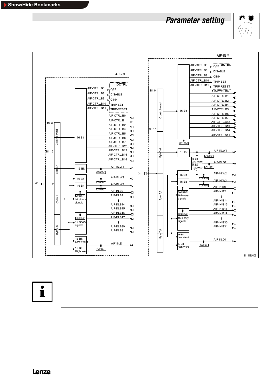 Parameter setting, Show/hide bookmarks, Ba2112en | Lenze EMF2112IB User Manual | Page 27 / 53