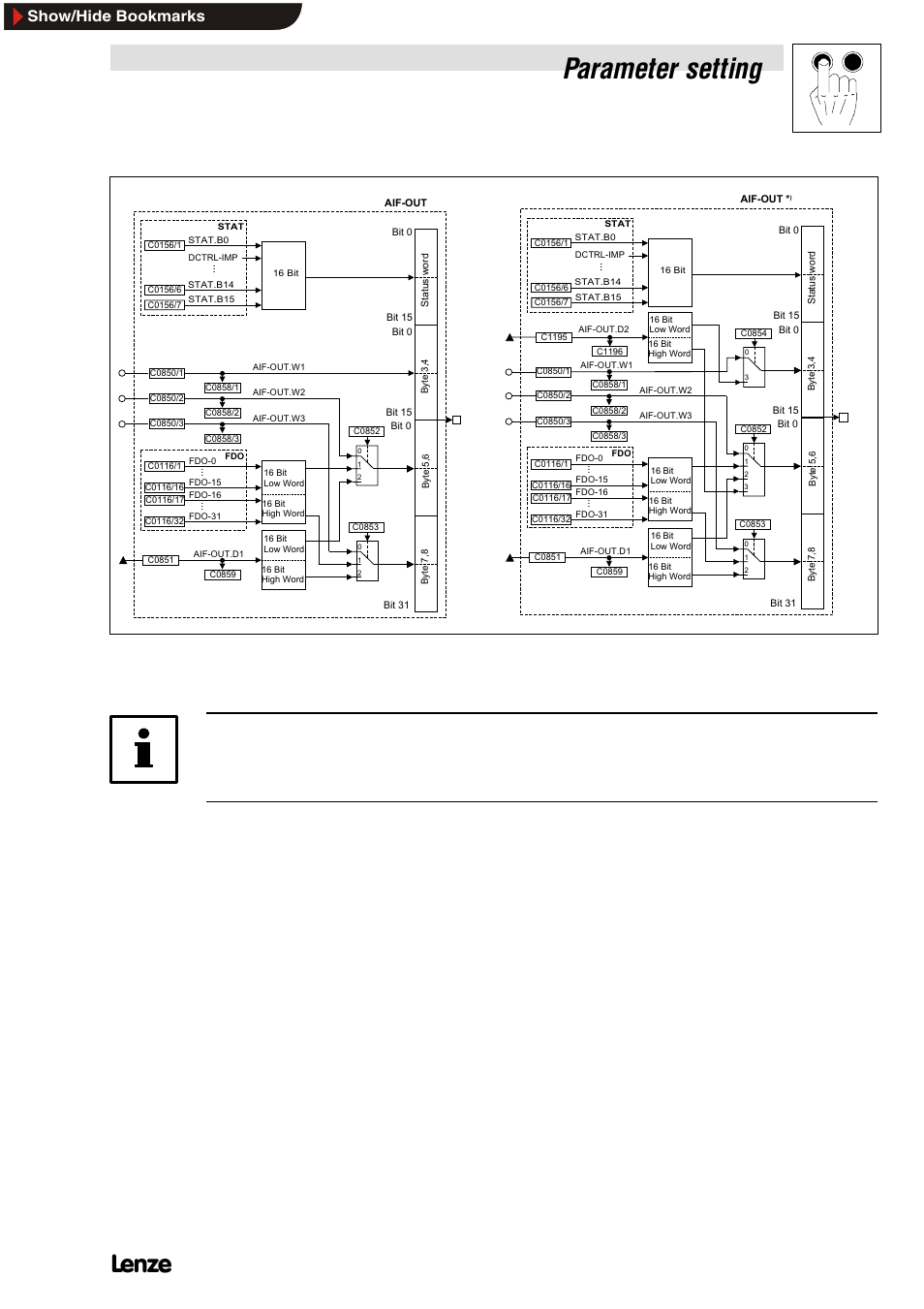 Parameter setting, Show/hide bookmarks, Ba2112en | Lenze EMF2112IB User Manual | Page 29 / 53