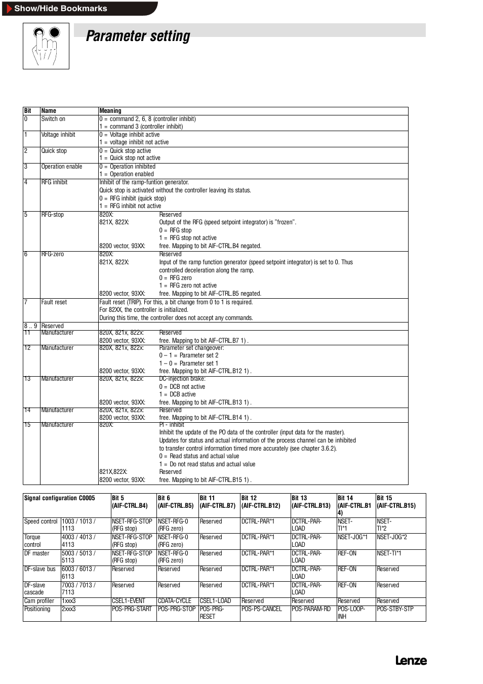 2 control word, Control word, Parameter setting | Lenze EMF2112IB User Manual | Page 38 / 53