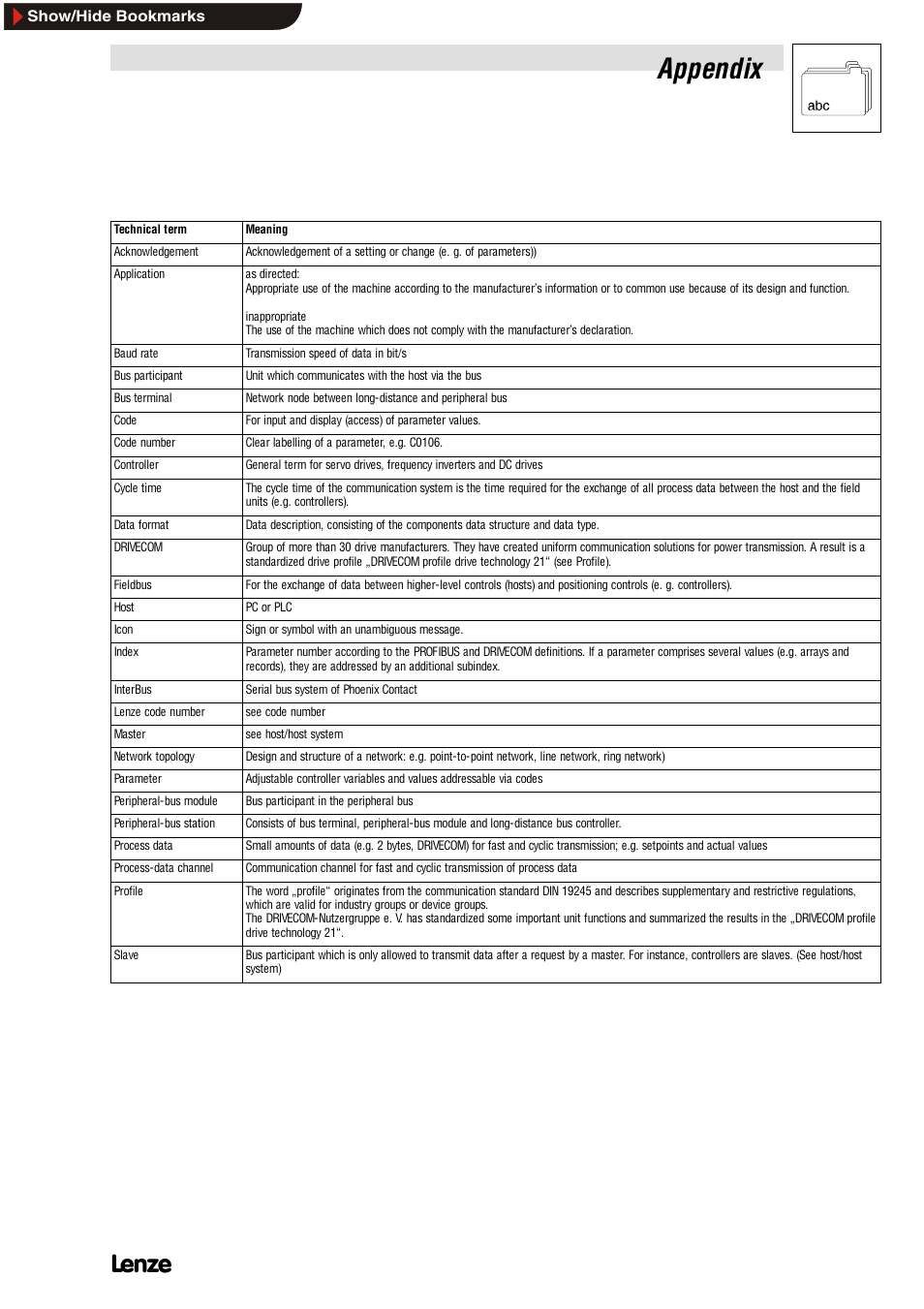 3 glossary, Glossary, Appendix | Lenze EMF2112IB User Manual | Page 49 / 53