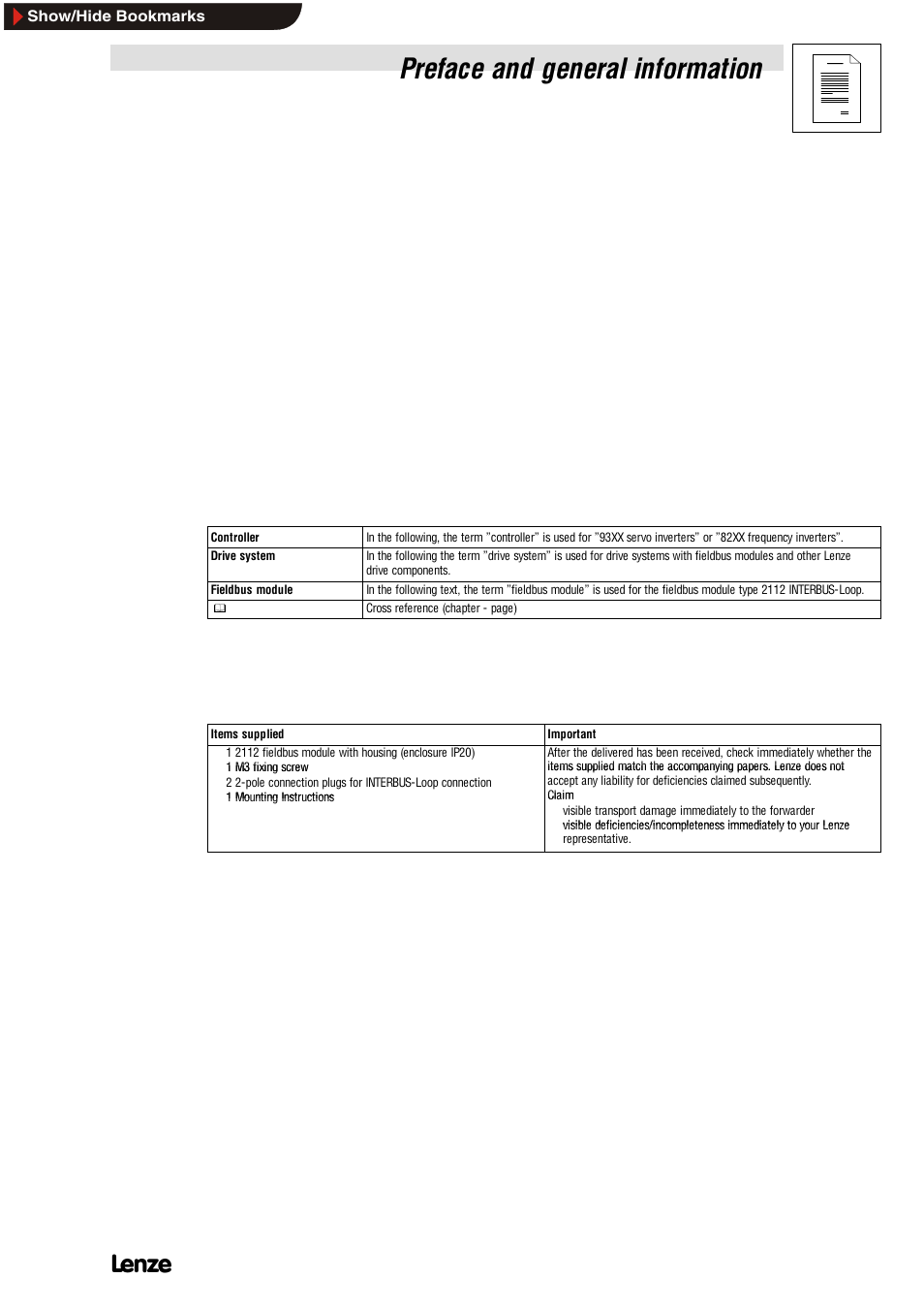1 preface and general information, 1 about these operating instructions, 1 terminology used | 2 items supplied, About these operating instructions, Terminology used, Items supplied, Preface and general information, 1preface and general information | Lenze EMF2112IB User Manual | Page 5 / 53