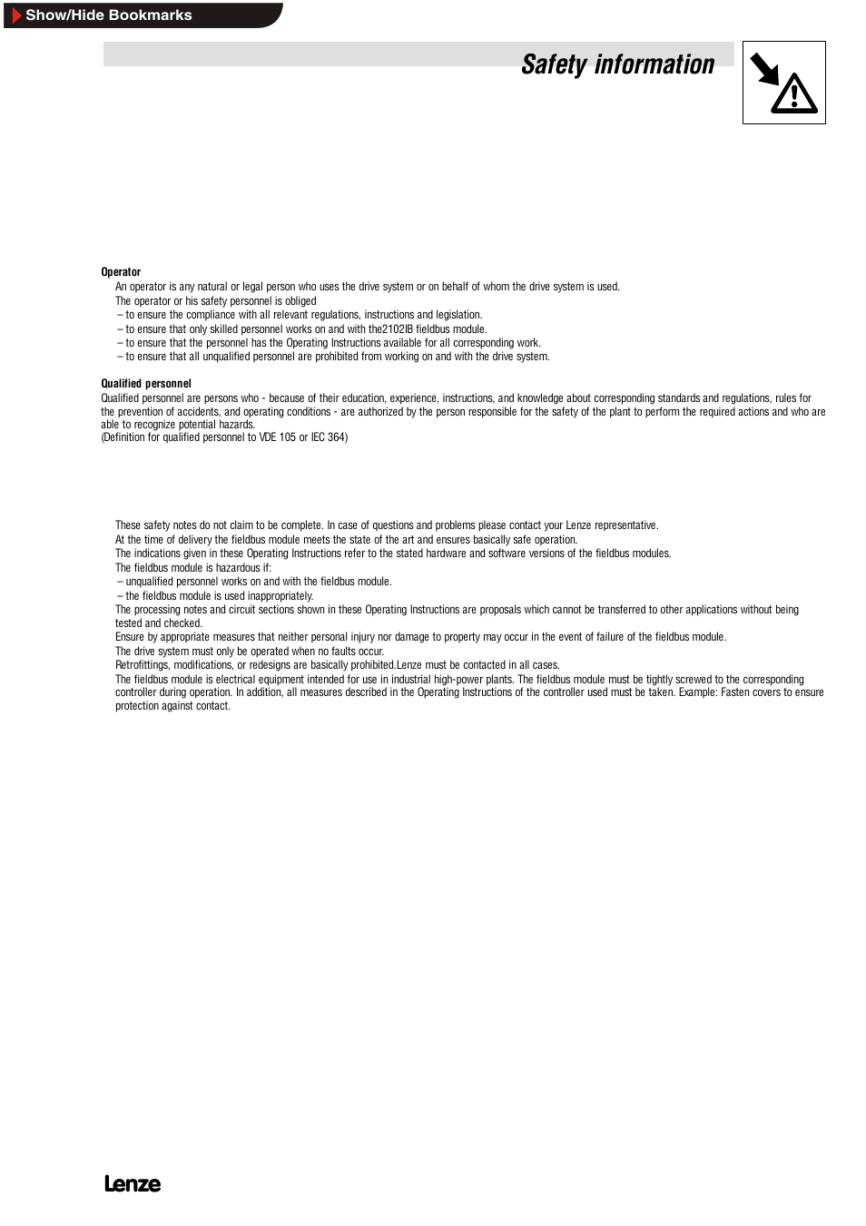 2 safety information, 1 persons responsible for safety, 2 general safety information | Persons responsible for safety, General safety information, Safety information, 2safety information | Lenze EMF2112IB User Manual | Page 7 / 53