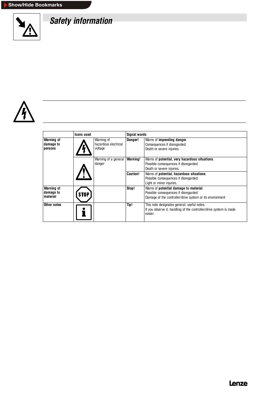 3 layout of the safety information, Layout of the safety information, Safety information | Signal word | Lenze EMF2112IB User Manual | Page 8 / 53