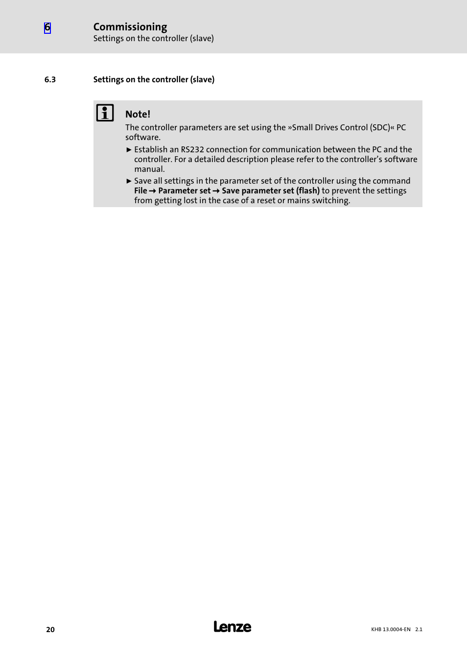 3 settings on the controller (slave), Settings on the controller (slave) | Lenze 931K User Manual | Page 20 / 76