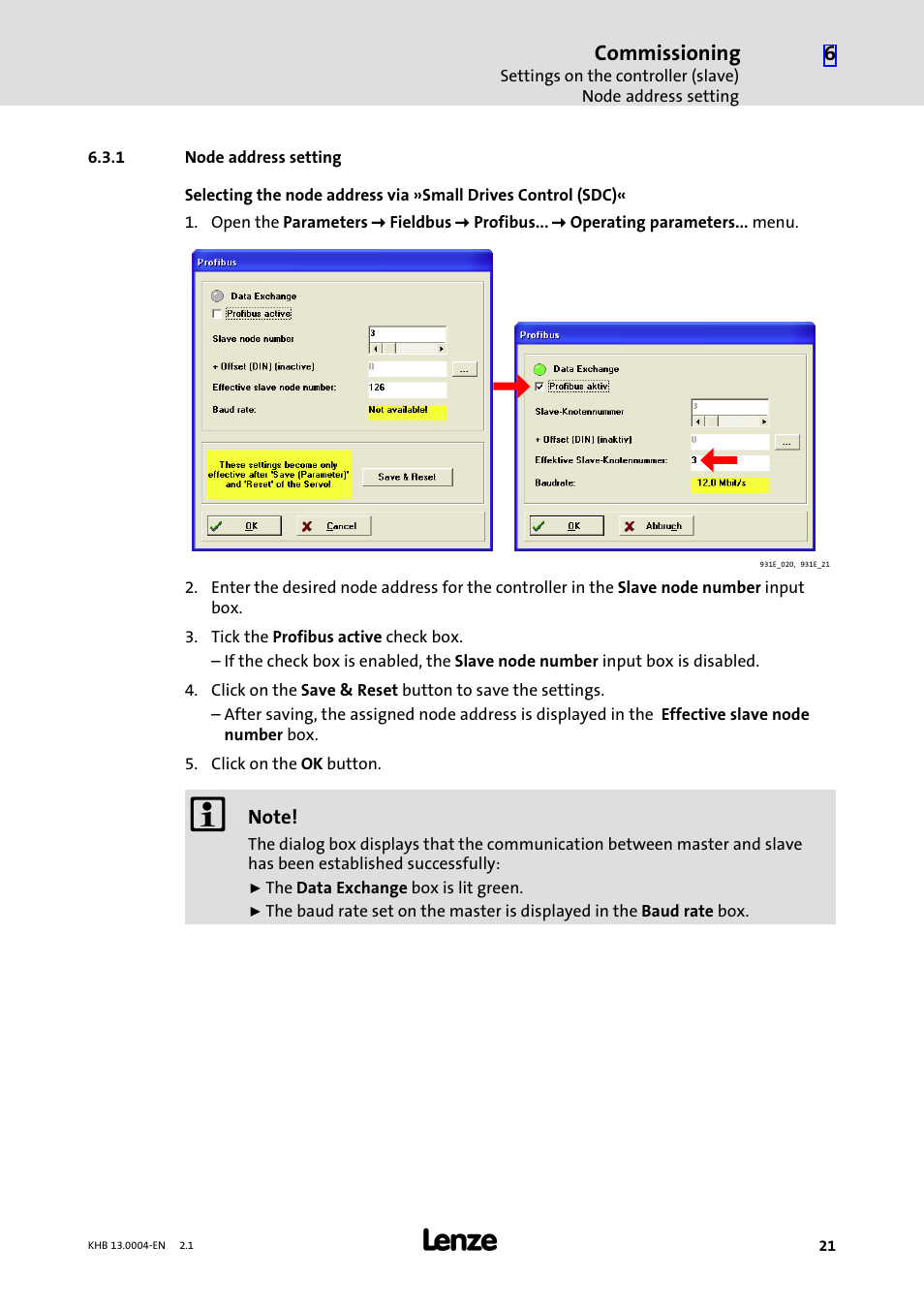 1 node address setting, Node address setting | Lenze 931K User Manual | Page 21 / 76