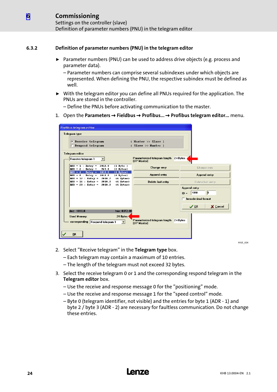 Commissioning | Lenze 931K User Manual | Page 24 / 76