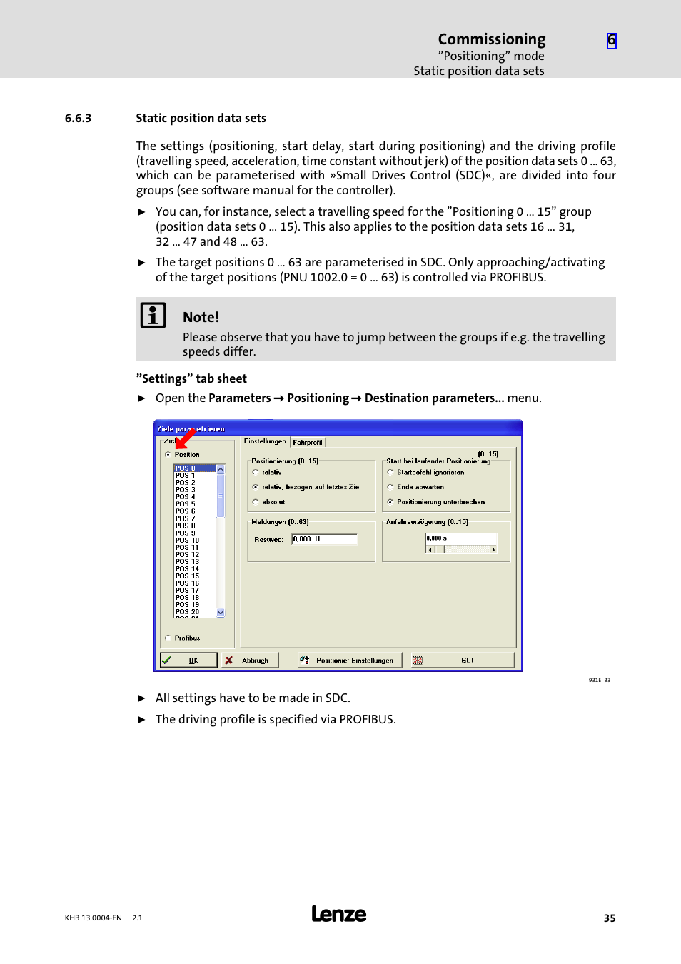 3 static position data sets, Static position data sets, Commissioning | Lenze 931K User Manual | Page 35 / 76