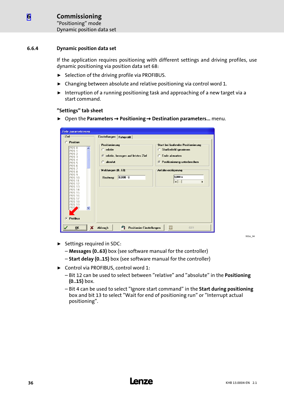 4 dynamic position data set, Dynamic position data set, Commissioning | Lenze 931K User Manual | Page 36 / 76