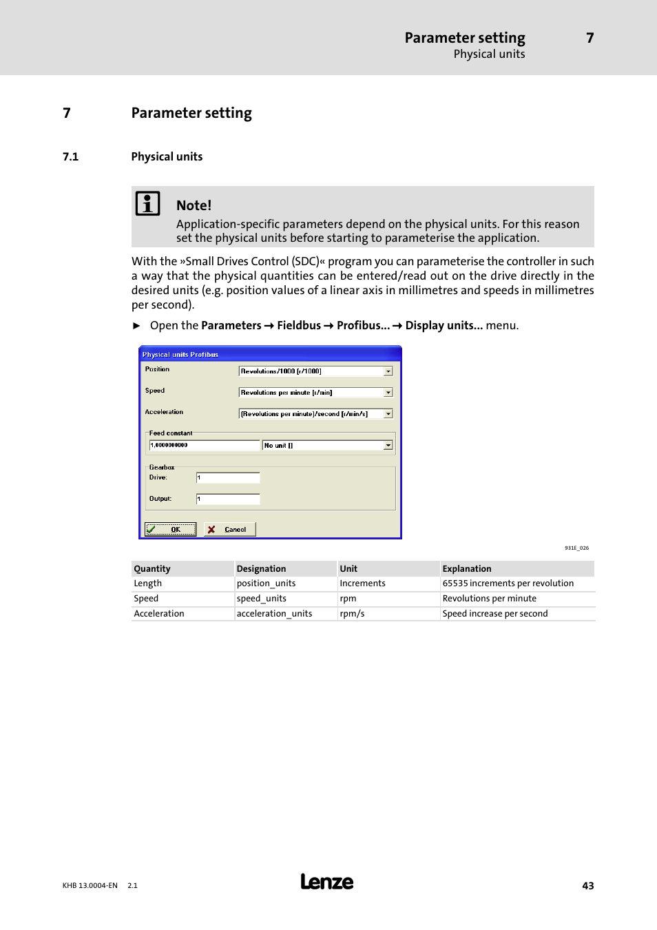 7 parameter setting, 1 physical units, Parameter setting | Physical units, 7parameter setting | Lenze 931K User Manual | Page 43 / 76