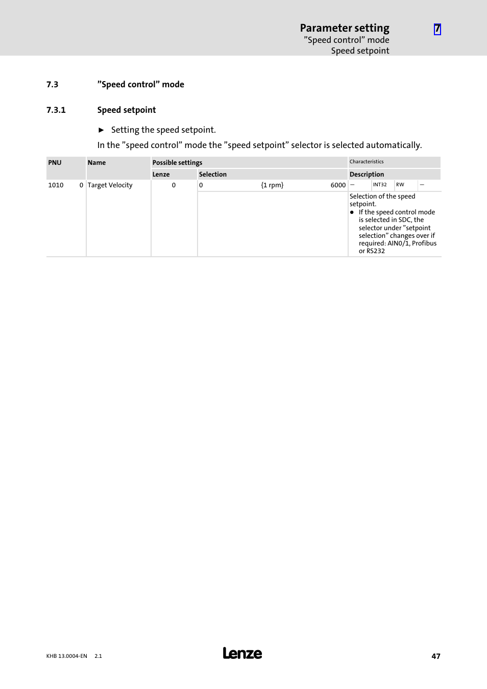3 "speed control" mode, 1 speed setpoint, Speed control" mode | Speed setpoint, Parameter setting | Lenze 931K User Manual | Page 47 / 76