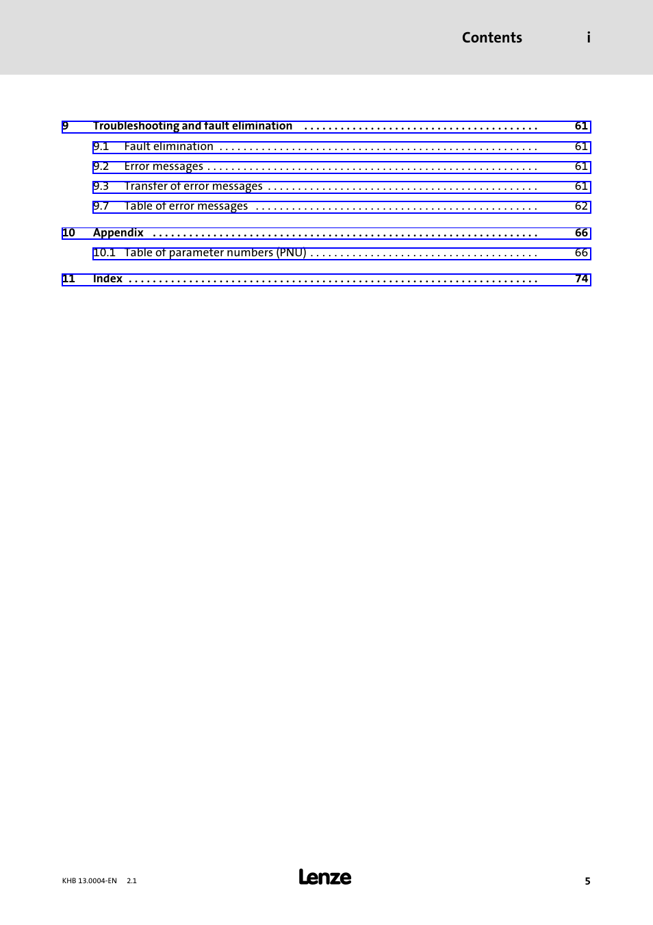Contents i | Lenze 931K User Manual | Page 5 / 76
