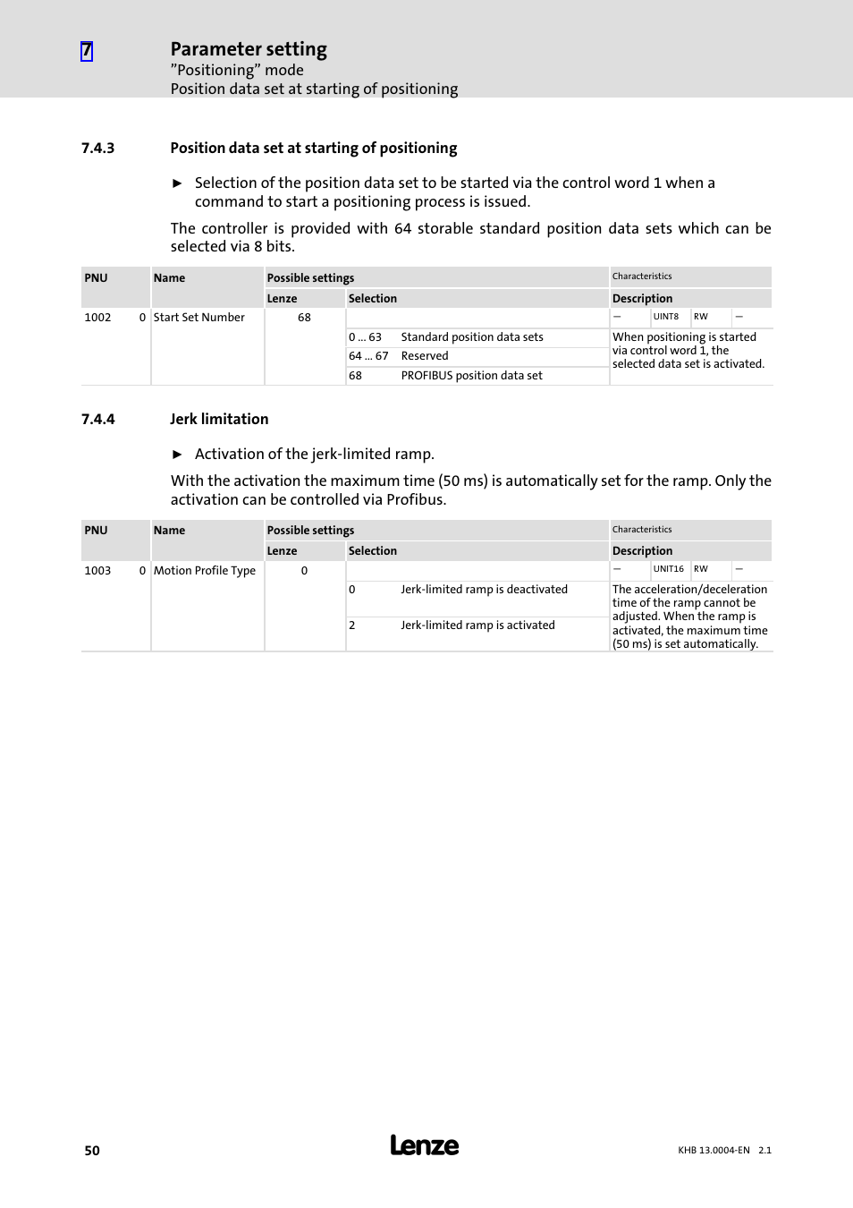 3 position data set at starting of positioning, 4 jerk limitation, Position data set at starting of positioning | Jerk limitation, Parameter setting | Lenze 931K User Manual | Page 50 / 76