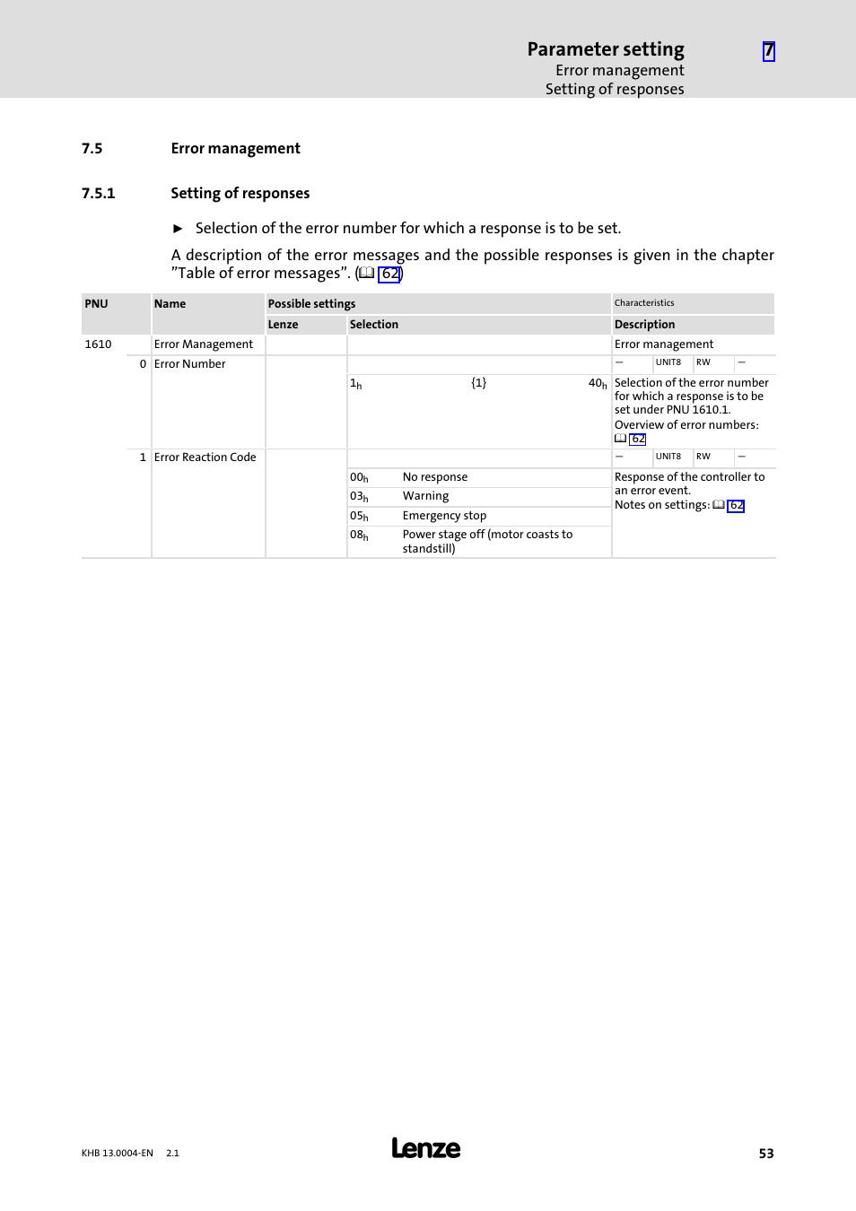 5 error management, 1 setting of responses, Error management | Setting of responses, Parameter setting | Lenze 931K User Manual | Page 53 / 76