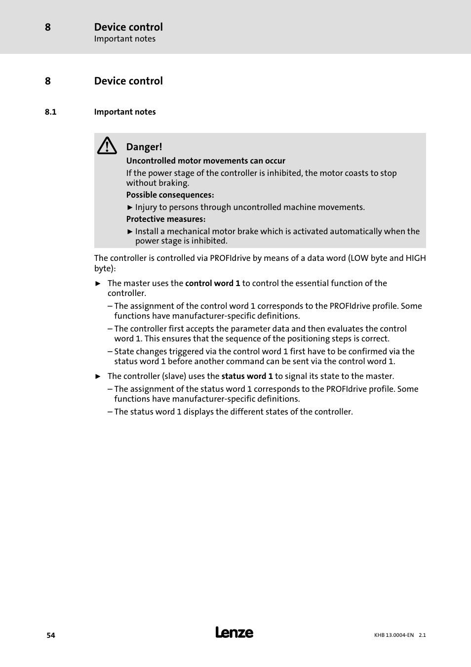 8 device control, 1 important notes, Device control | Important notes | Lenze 931K User Manual | Page 54 / 76