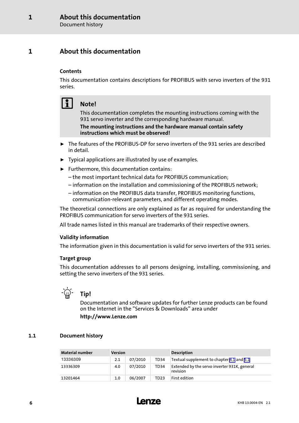 1 about this documentation, 1 document history, About this documentation | Document history, 1about this documentation | Lenze 931K User Manual | Page 6 / 76