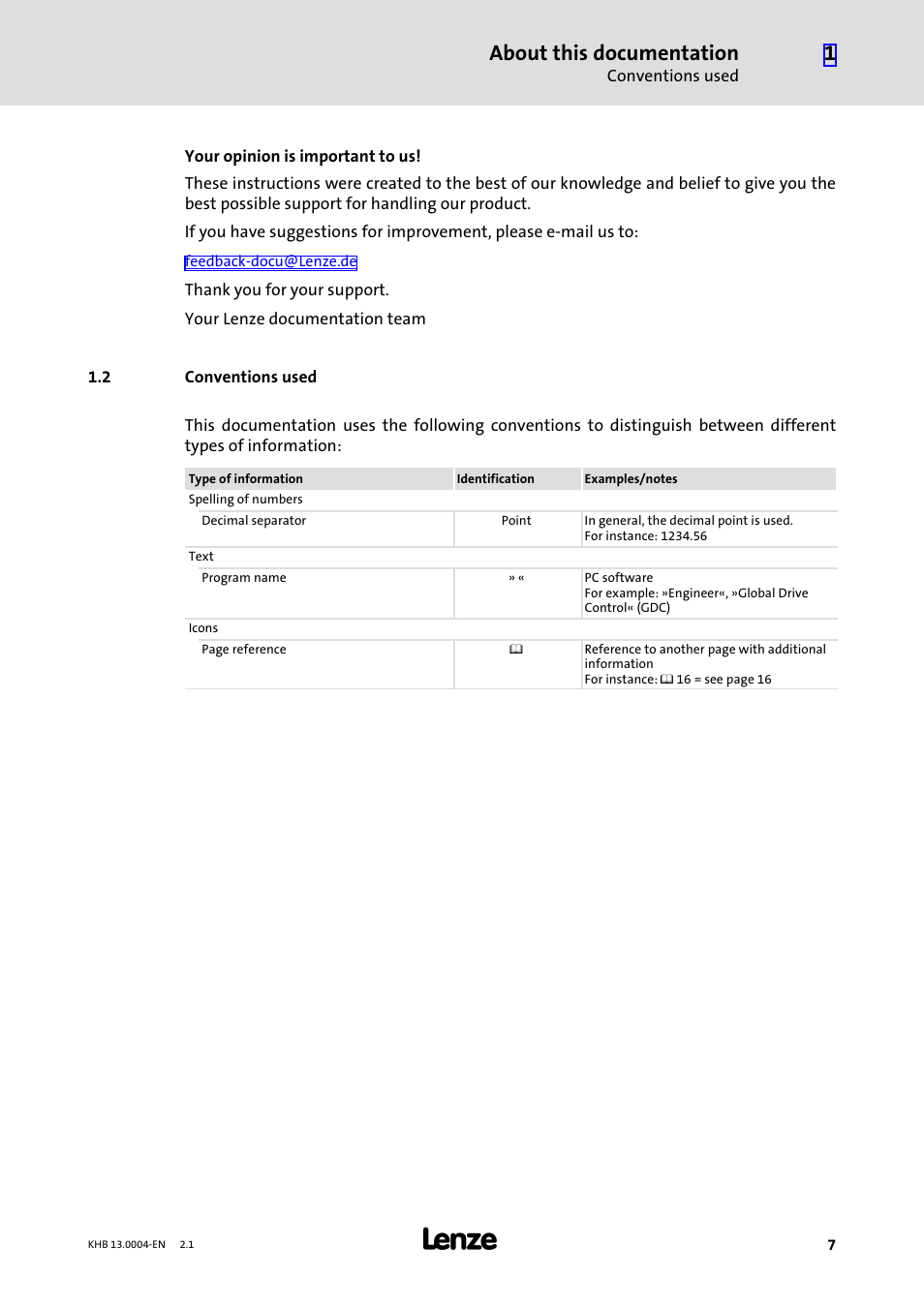 2 conventions used, Conventions used, About this documentation | Lenze 931K User Manual | Page 7 / 76