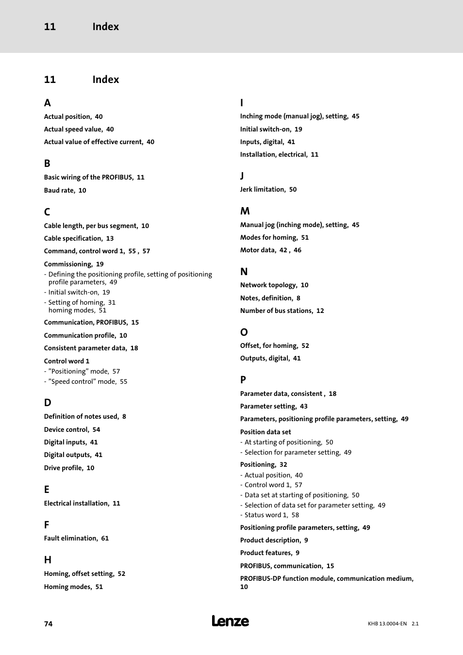 11 index, Index, Index 11 | 11 index a | Lenze 931K User Manual | Page 74 / 76