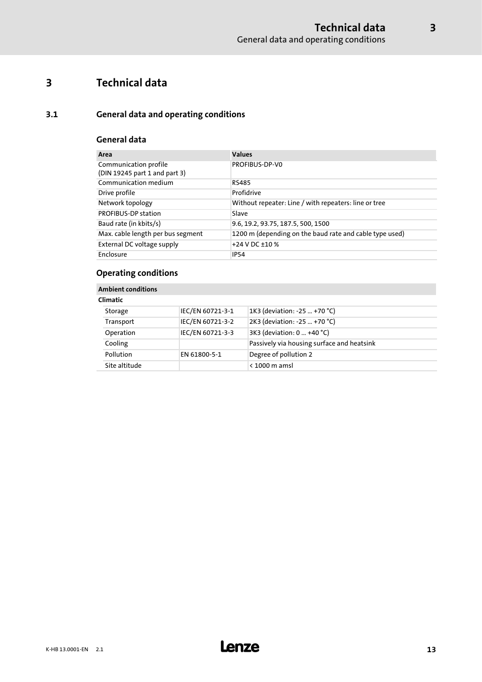 3 technical data, 1 general data and operating conditions, Technical data | 3technical data | Lenze 931W User Manual | Page 13 / 84