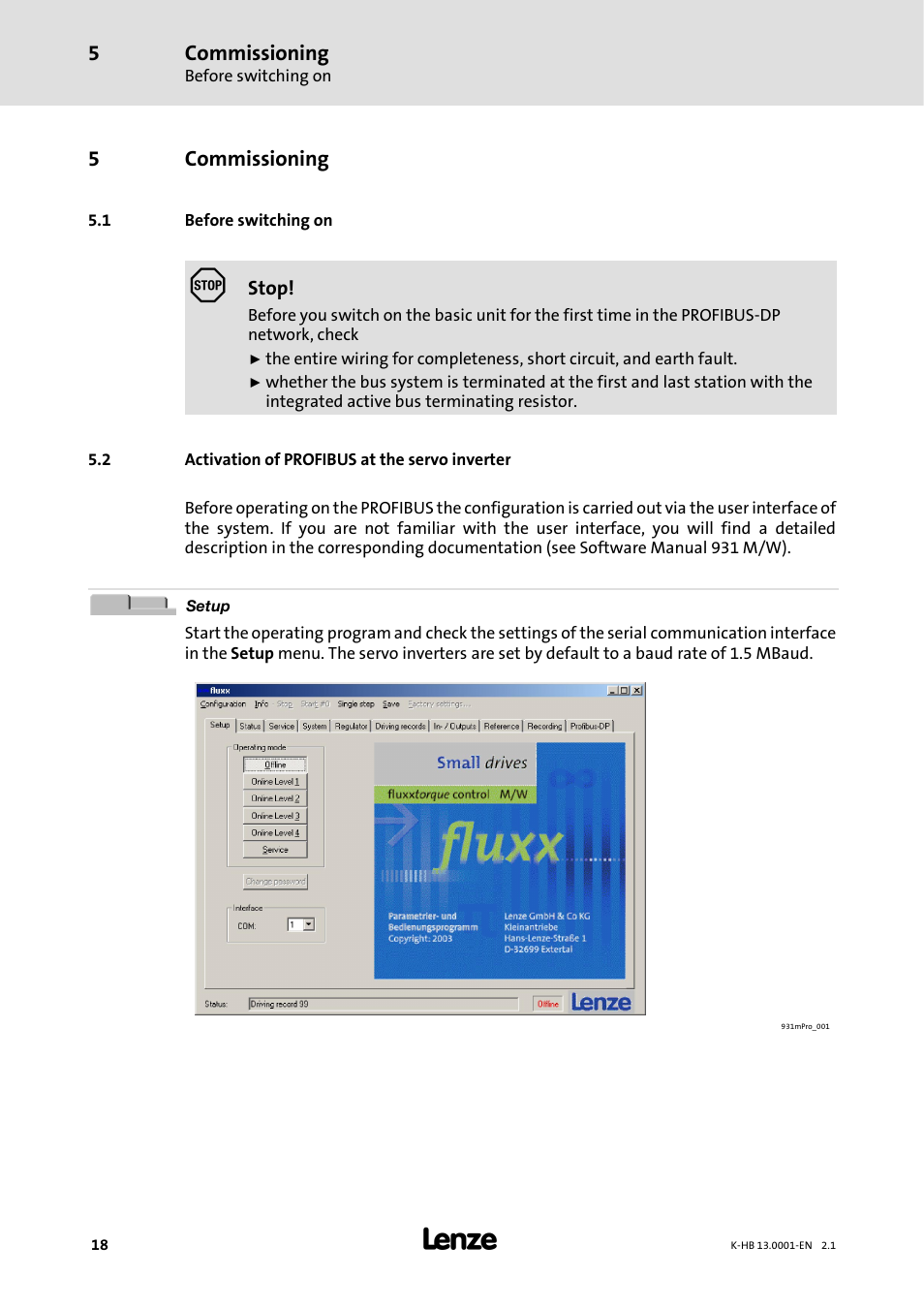 5 commissioning, 1 before switching on, 2 activation of profibus at the servo inverter | Commissioning, 5commissioning | Lenze 931W User Manual | Page 18 / 84
