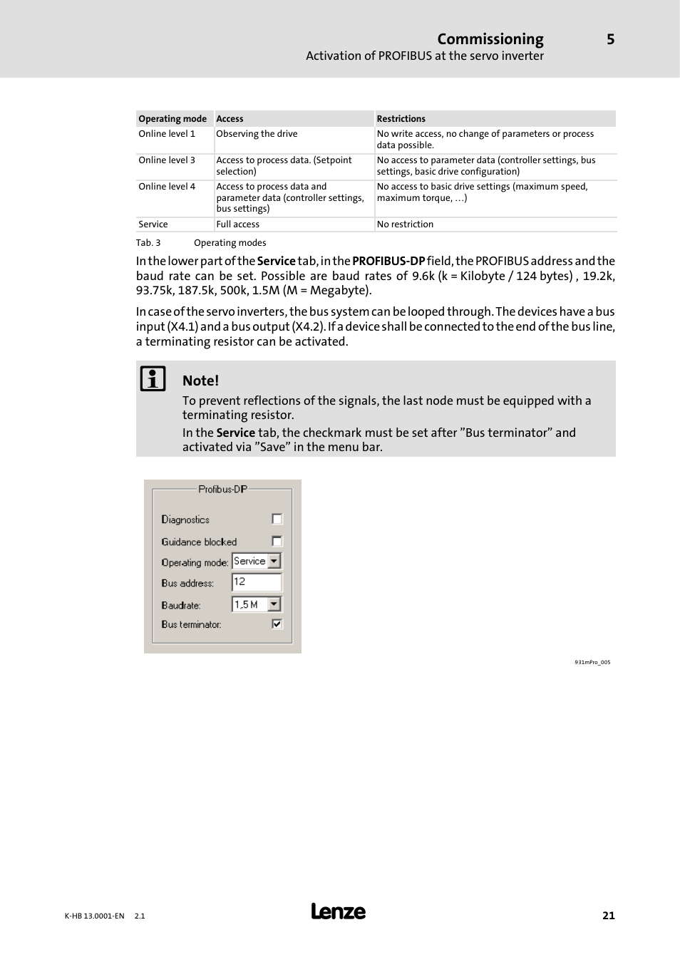 Commissioning | Lenze 931W User Manual | Page 21 / 84