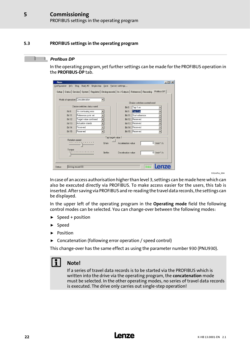 3 profibus settings in the operating program, Commissioning | Lenze 931W User Manual | Page 22 / 84