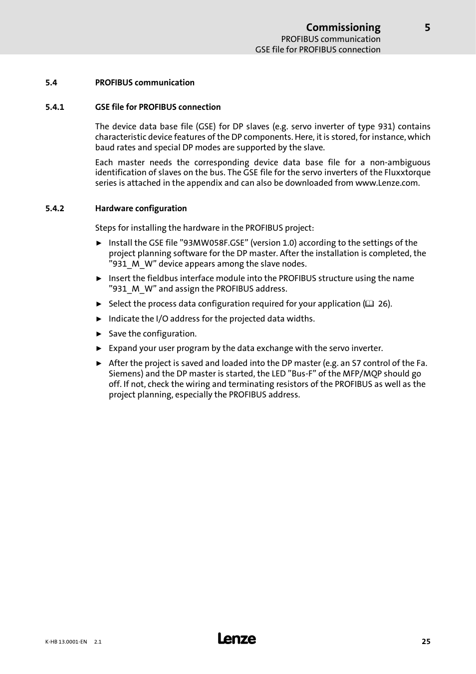 4 profibus communication, 1 gse file for profibus connection, 2 hardware configuration | Gse file for profibus connection, Hardware configuration, Commissioning | Lenze 931W User Manual | Page 25 / 84