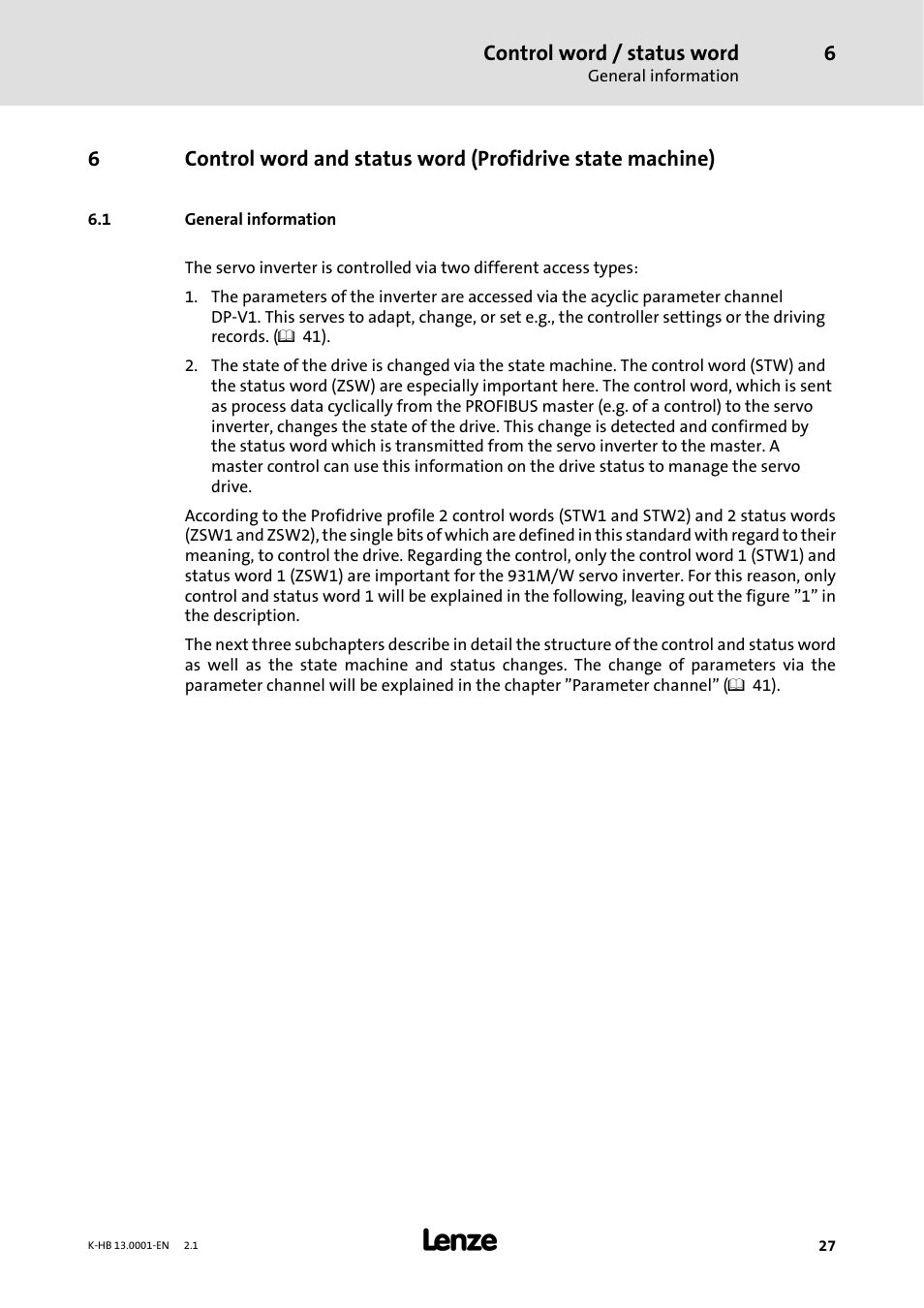 1 general information, Control word / status word | Lenze 931W User Manual | Page 27 / 84