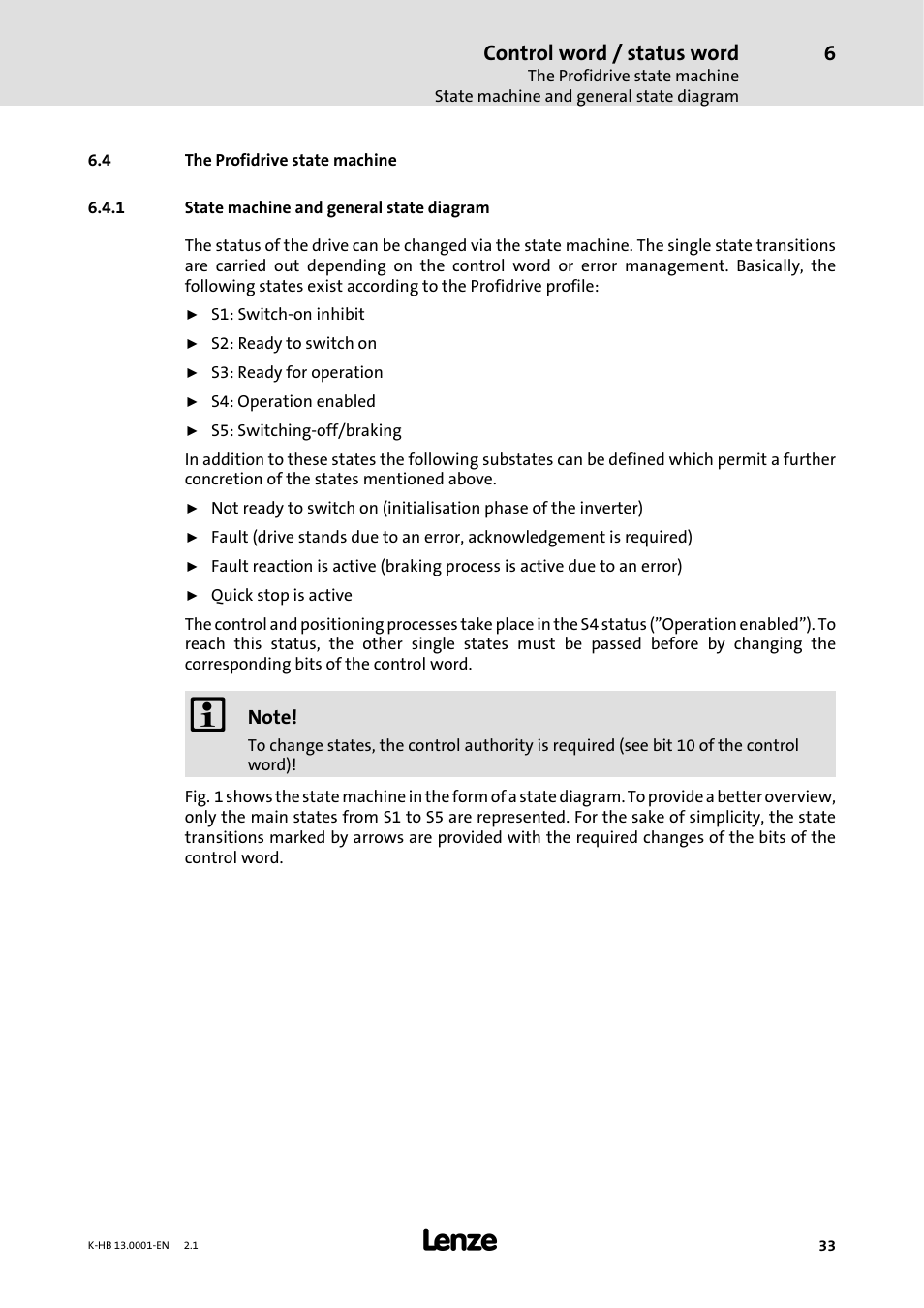 4 the profidrive state machine, 1 state machine and general state diagram, State machine and general state diagram | Control word / status word | Lenze 931W User Manual | Page 33 / 84