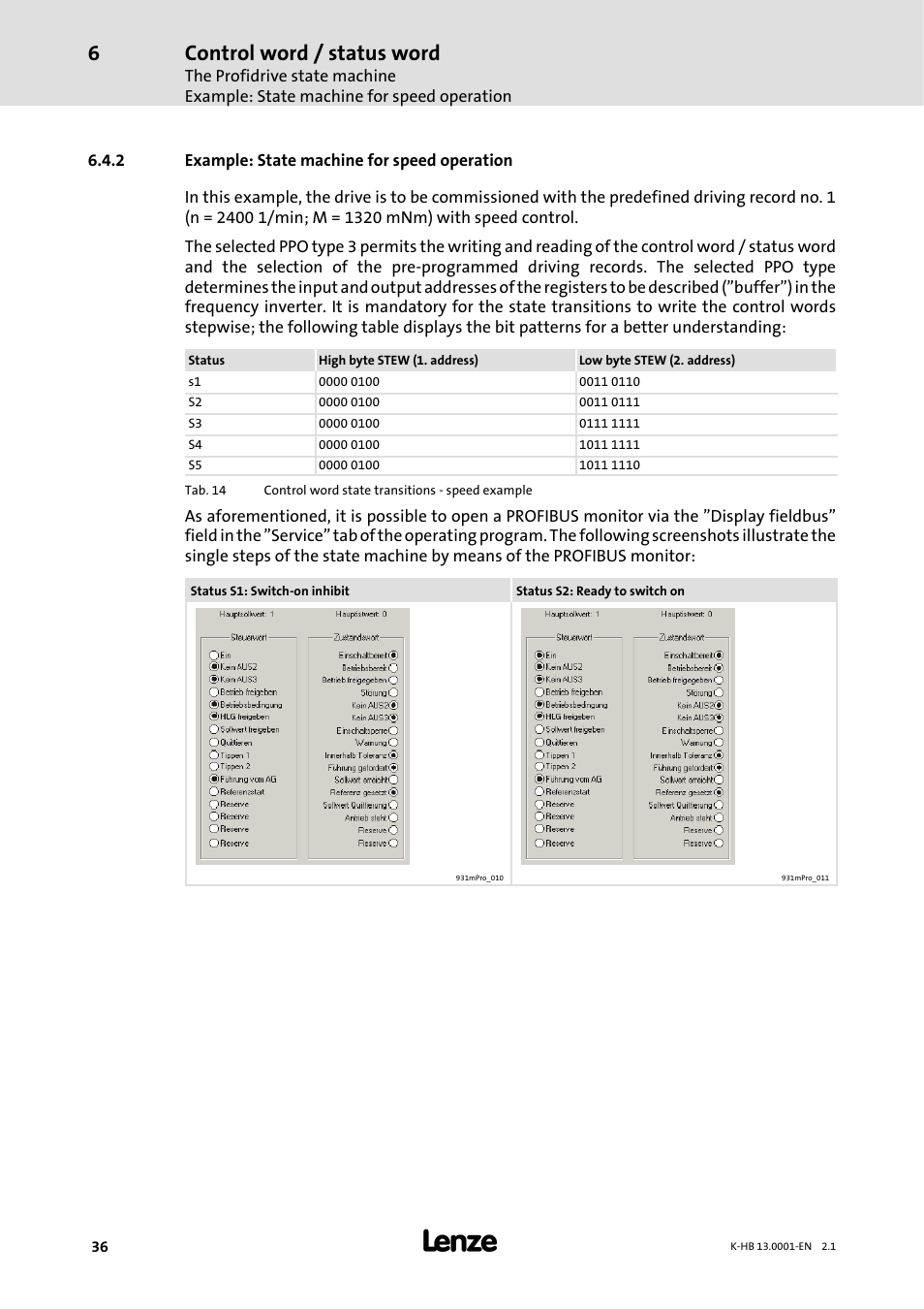 2 example: state machine for speed operation, Example: state machine for speed operation, Control word / status word | Lenze 931W User Manual | Page 36 / 84
