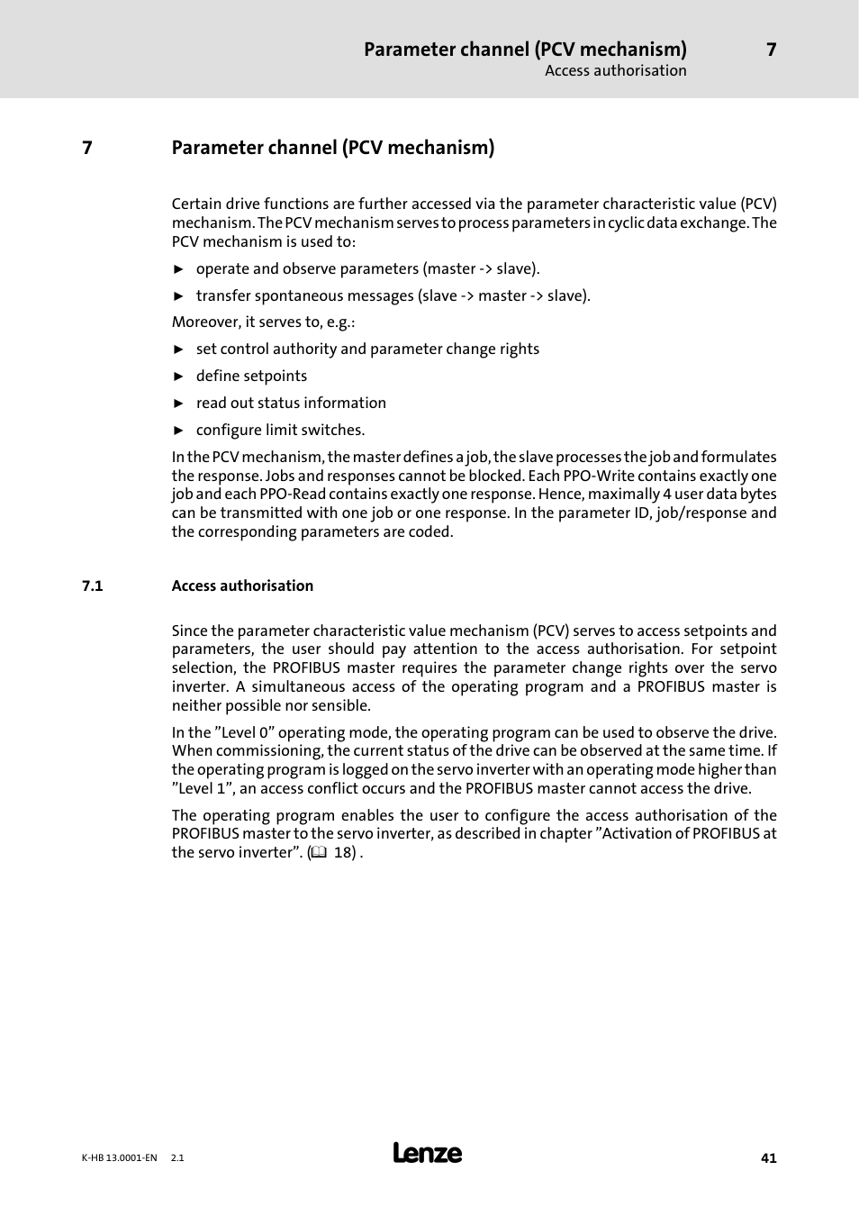 7 parameter channel ( pcv mechanism), 1 access authorisation, Parameter channel (pcv mechanism) | 7parameter channel (pcv mechanism) | Lenze 931W User Manual | Page 41 / 84