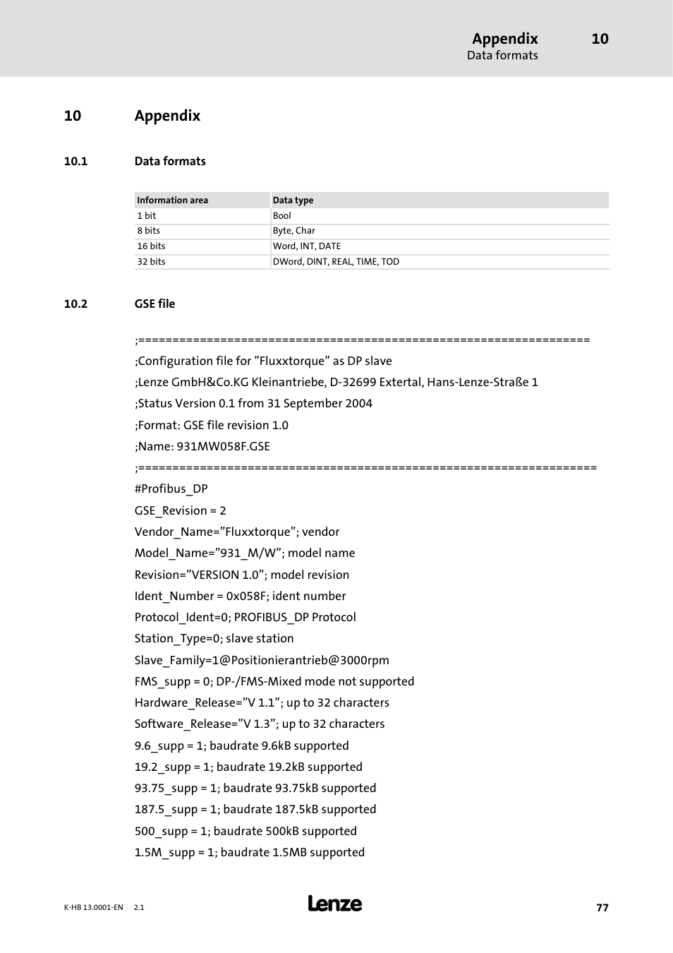 10 appendix, 1 data formats, 2 gse file | Appendix | Lenze 931W User Manual | Page 77 / 84