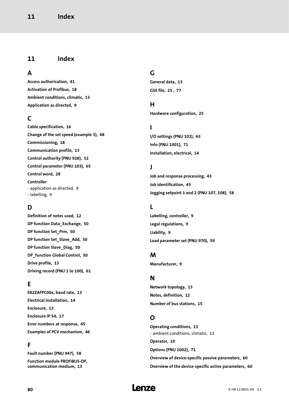 11 index, Index, Index 11 | 11 index a | Lenze 931W User Manual | Page 80 / 84