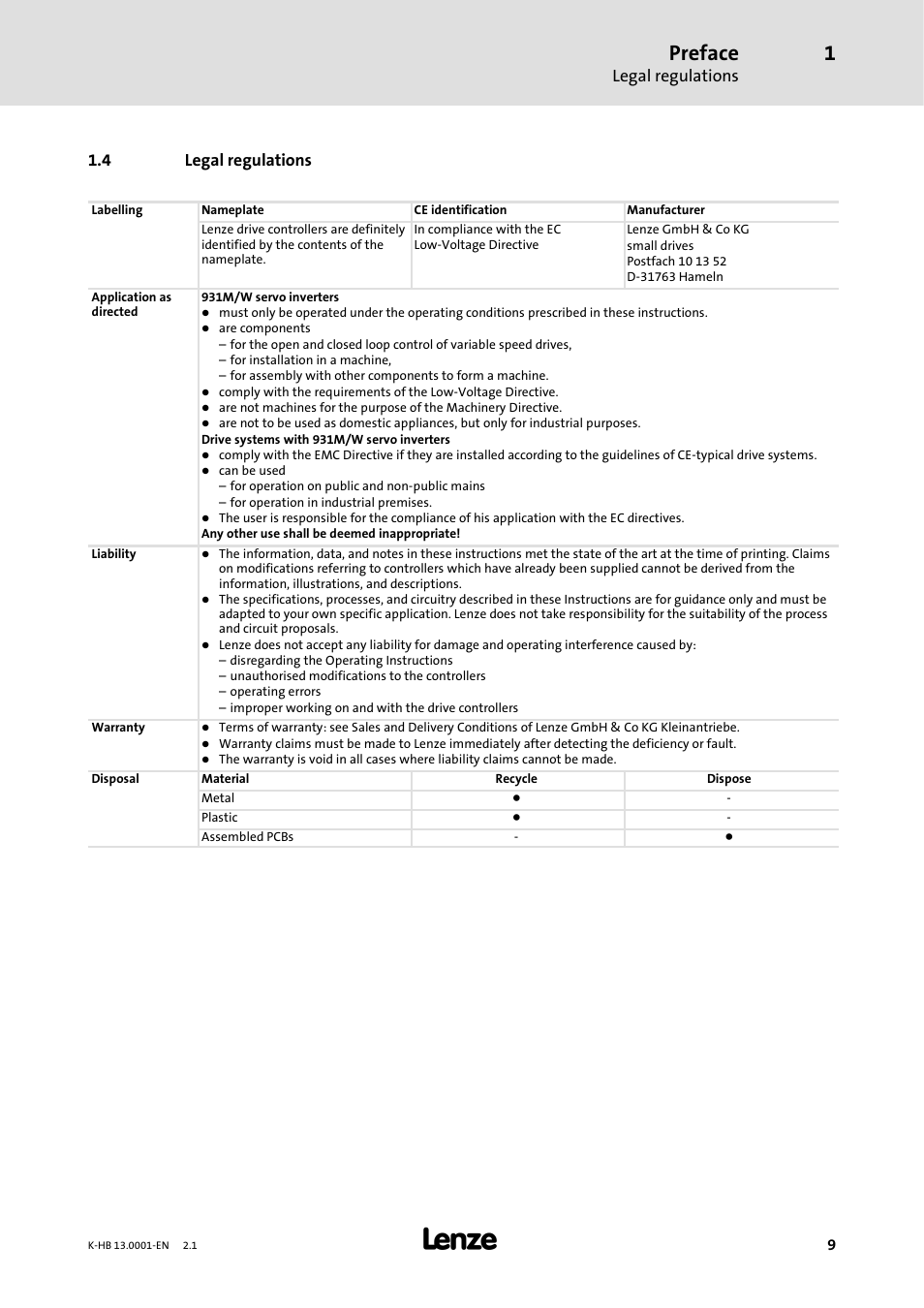 4 legal regulations, Preface, Legal regulations | Lenze 931W User Manual | Page 9 / 84