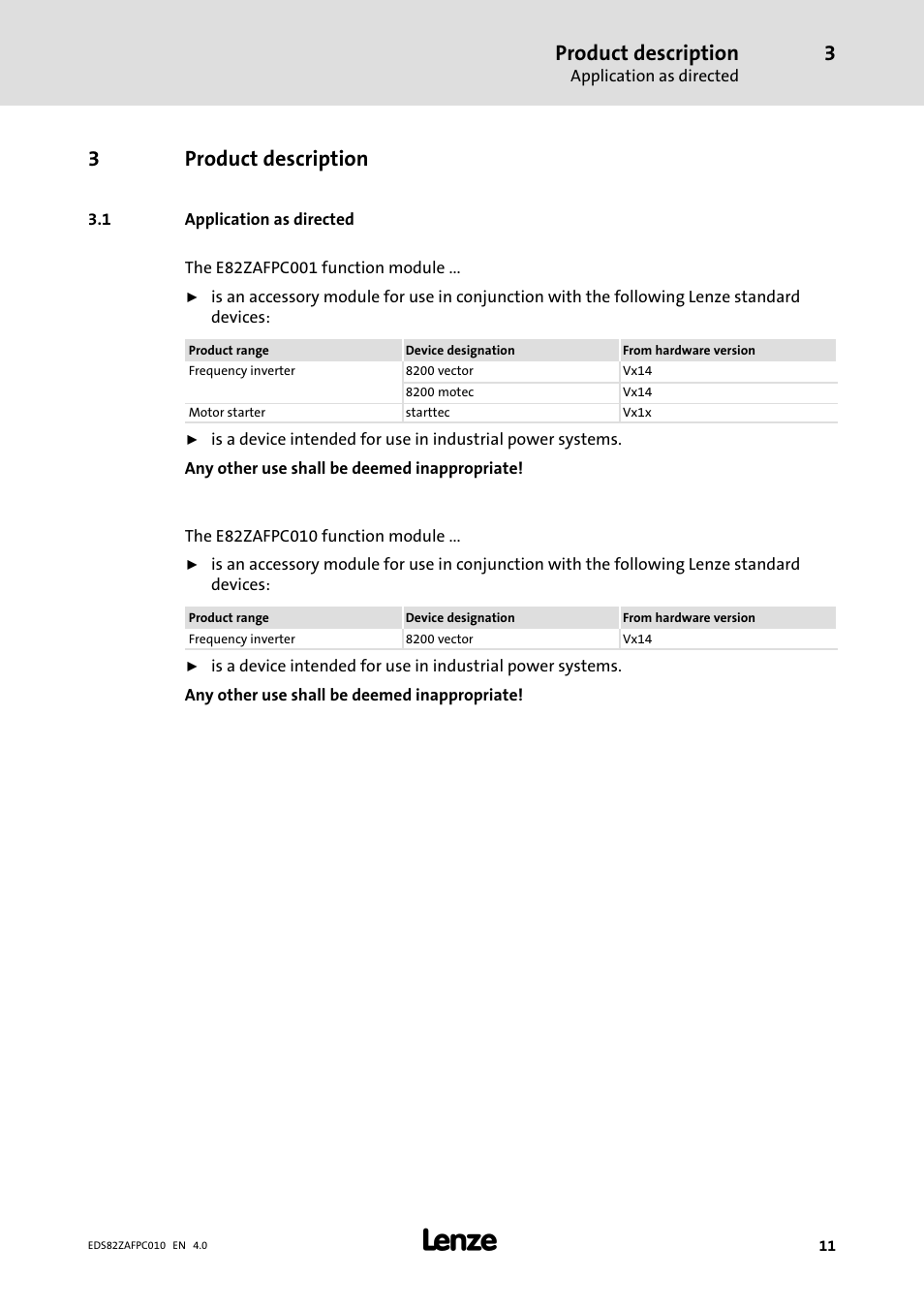 3 product description, 1 application as directed, Product description | Application as directed, 3product description | Lenze E82ZAFPC010 User Manual | Page 11 / 94