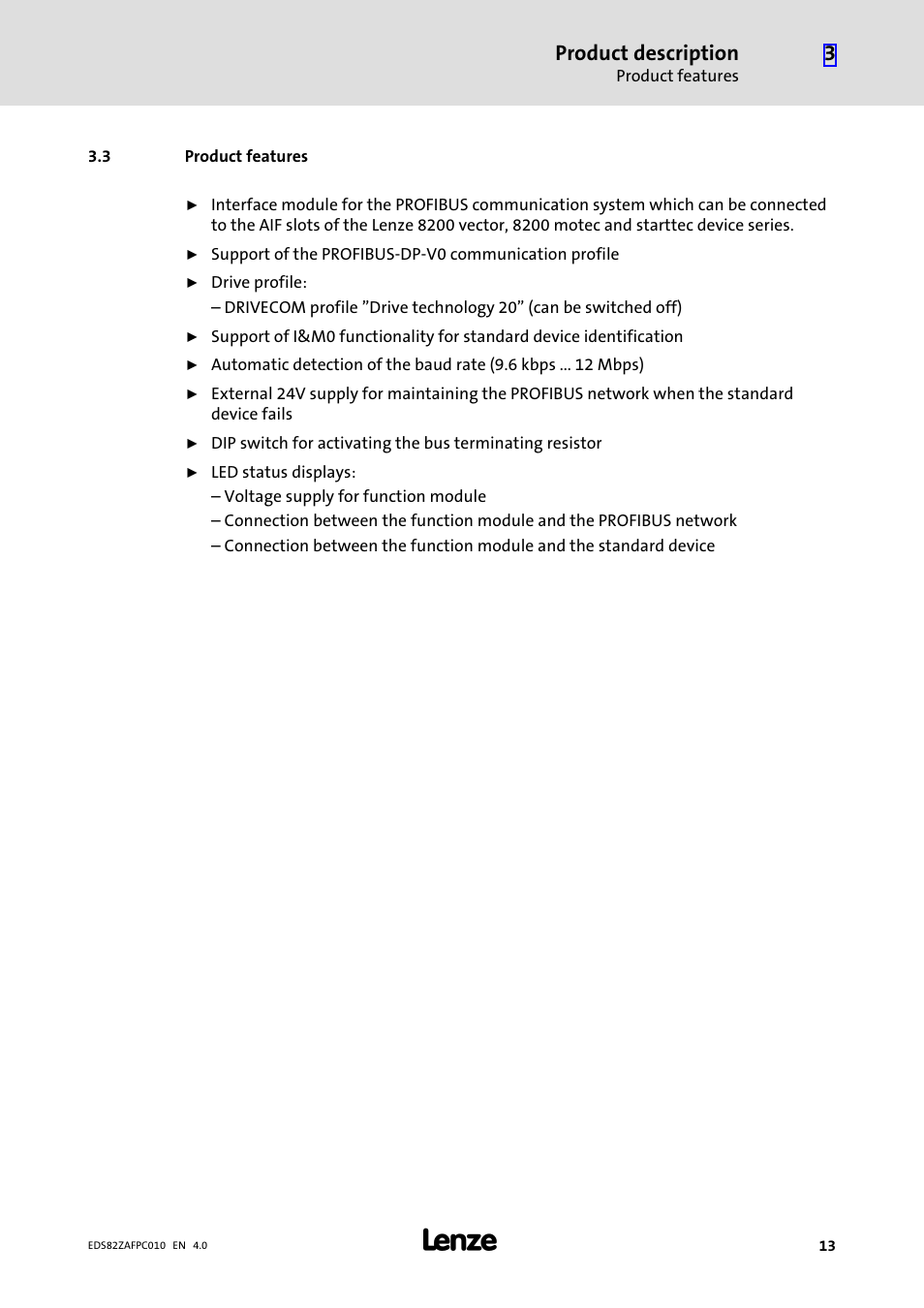 3 product features, Product features, Product description | Lenze E82ZAFPC010 User Manual | Page 13 / 94