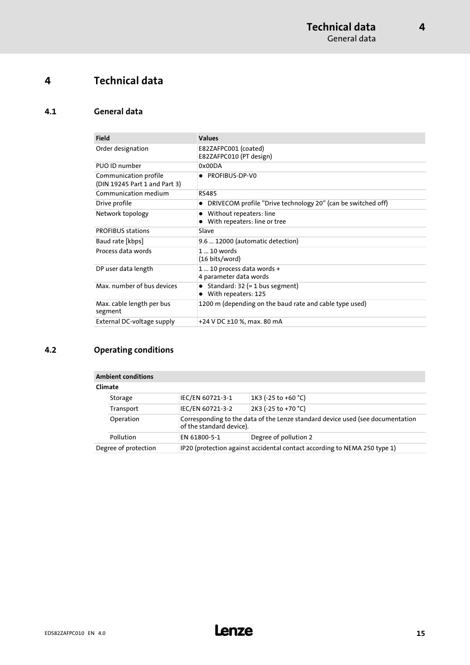 4 technical data, 1 general data, 2 operating conditions | Technical data, General data, Operating conditions, 4technical data | Lenze E82ZAFPC010 User Manual | Page 15 / 94