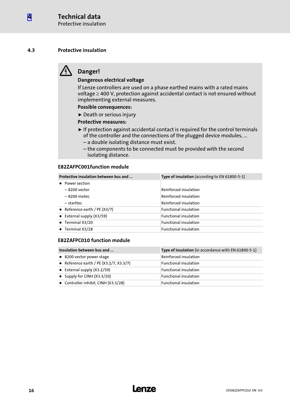 3 protective insulation, Protective insulation, External measures. (see chapter "4.3 | Technical data, Danger | Lenze E82ZAFPC010 User Manual | Page 16 / 94