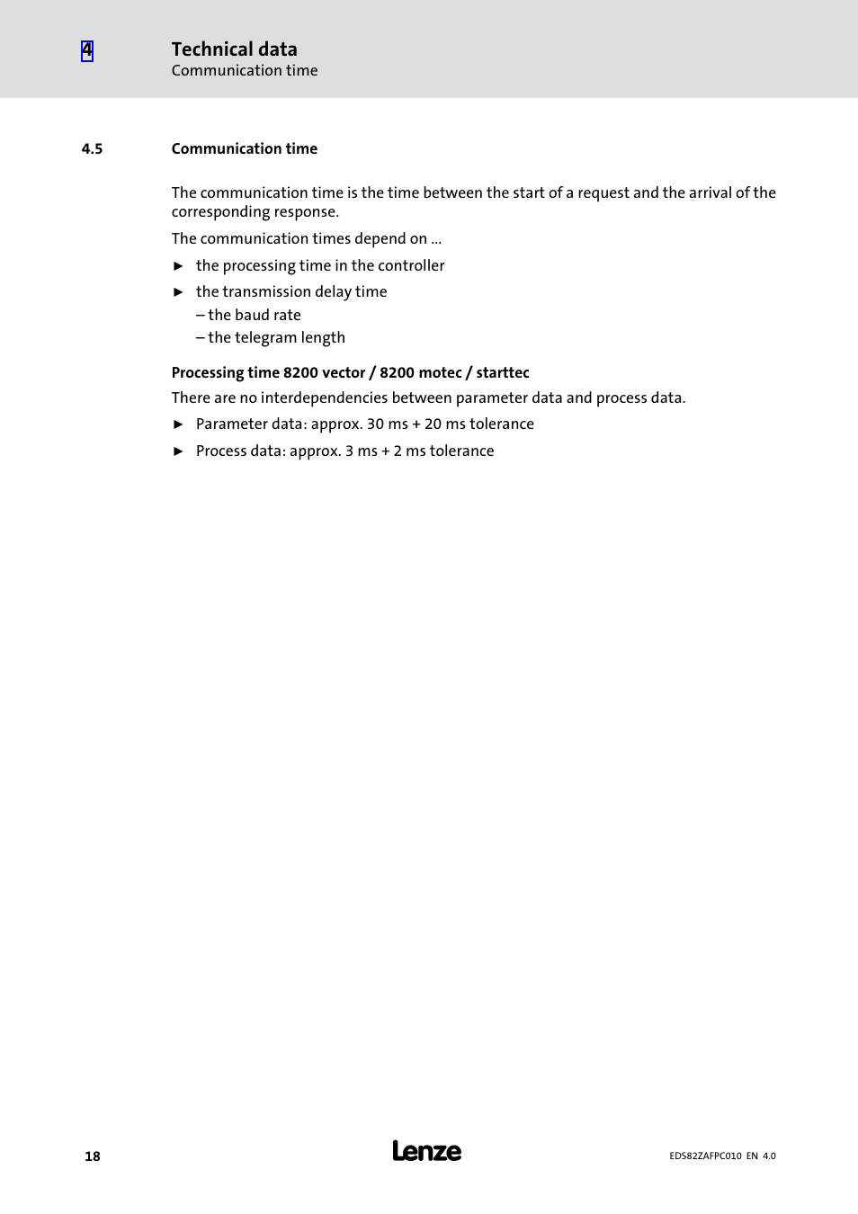 5 communication time, Communication time, Technical data | Lenze E82ZAFPC010 User Manual | Page 18 / 94