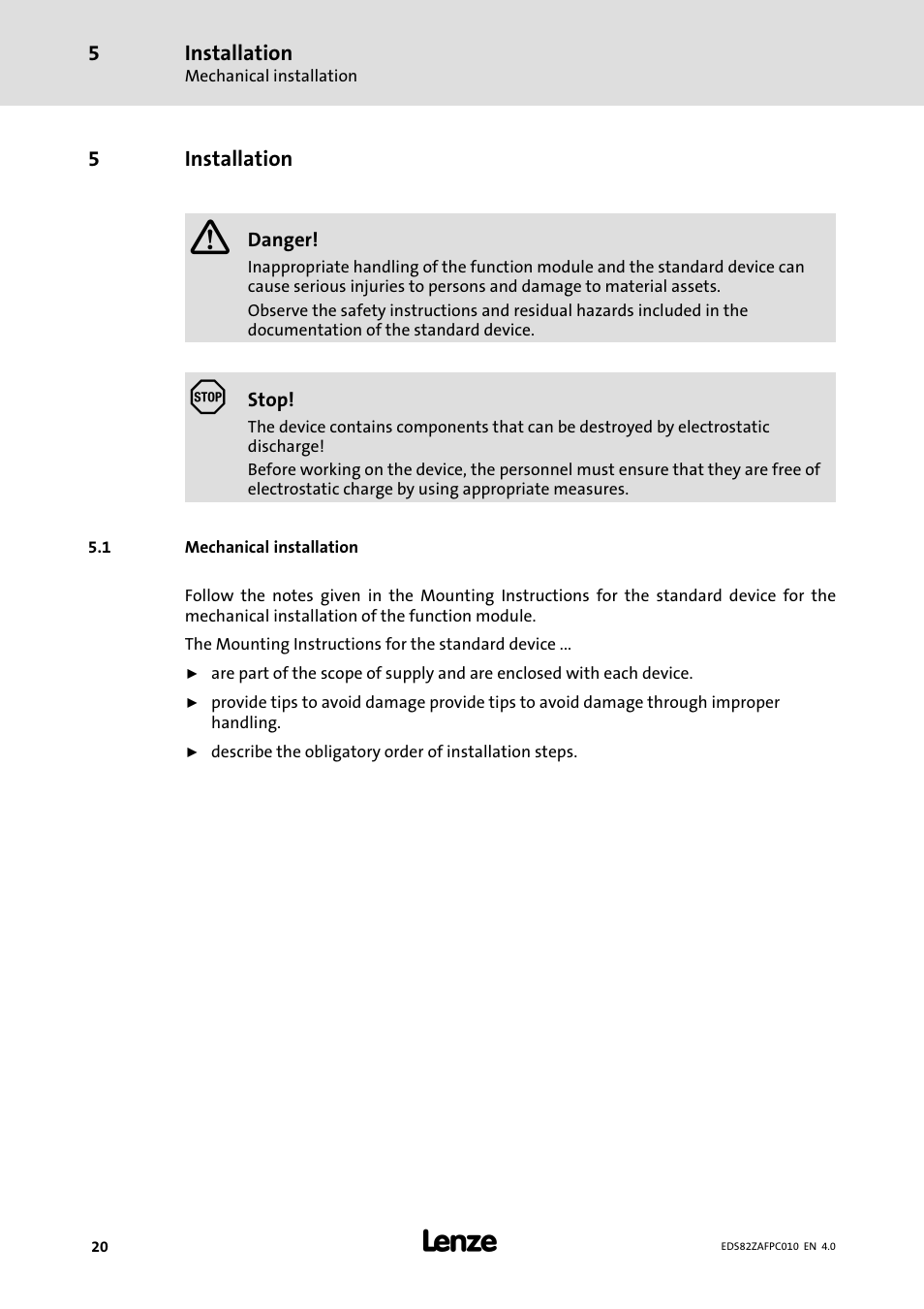 5 installation, 1 mechanical installation, Installation | Mechanical installation | Lenze E82ZAFPC010 User Manual | Page 20 / 94