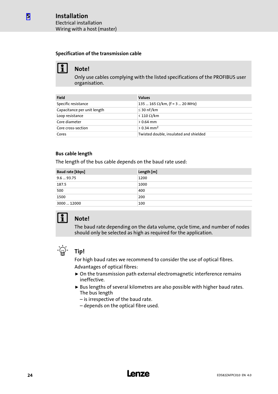 Installation | Lenze E82ZAFPC010 User Manual | Page 24 / 94