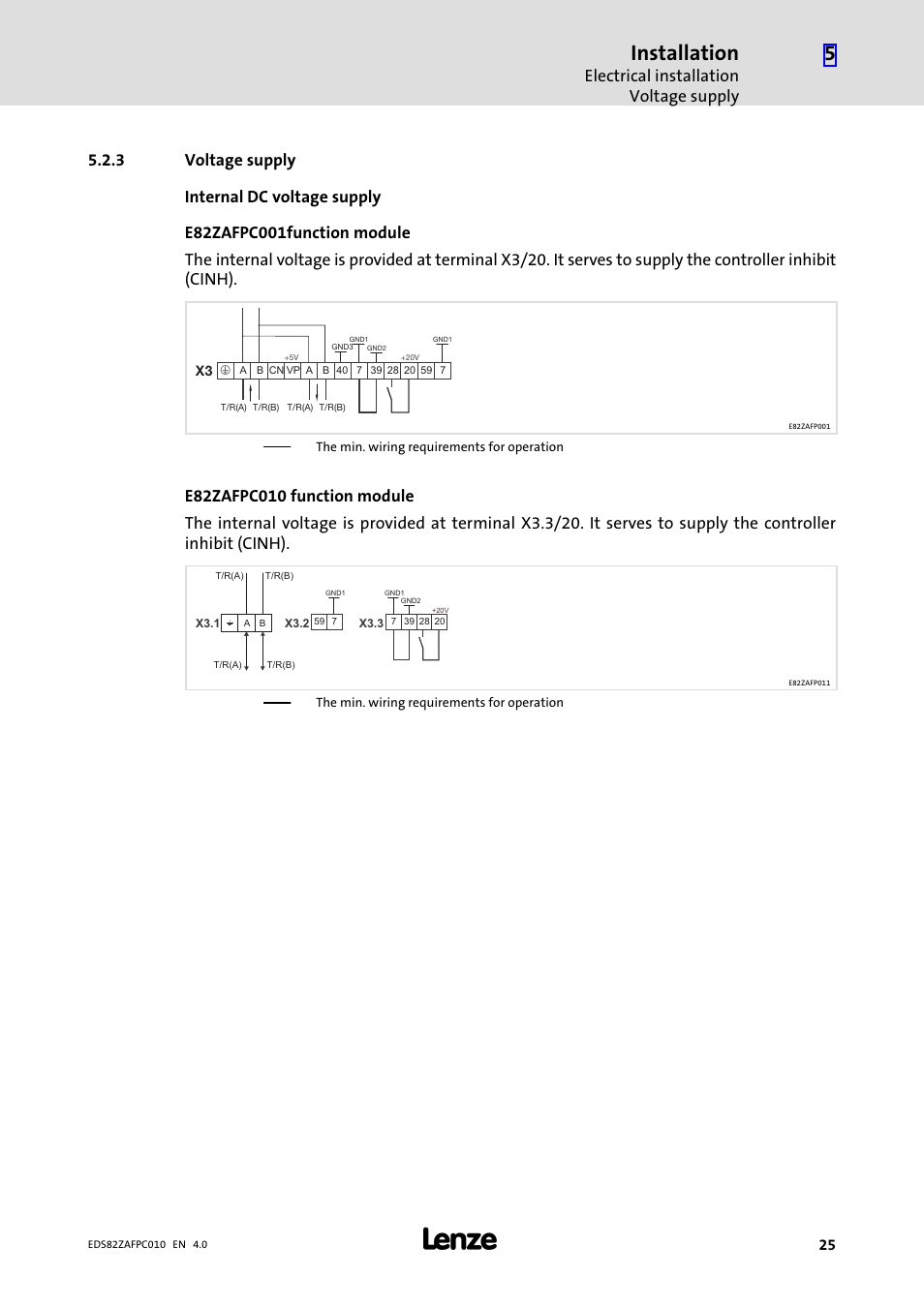 3 voltage supply, Voltage supply, Installation | Electrical installation voltage supply | Lenze E82ZAFPC010 User Manual | Page 25 / 94
