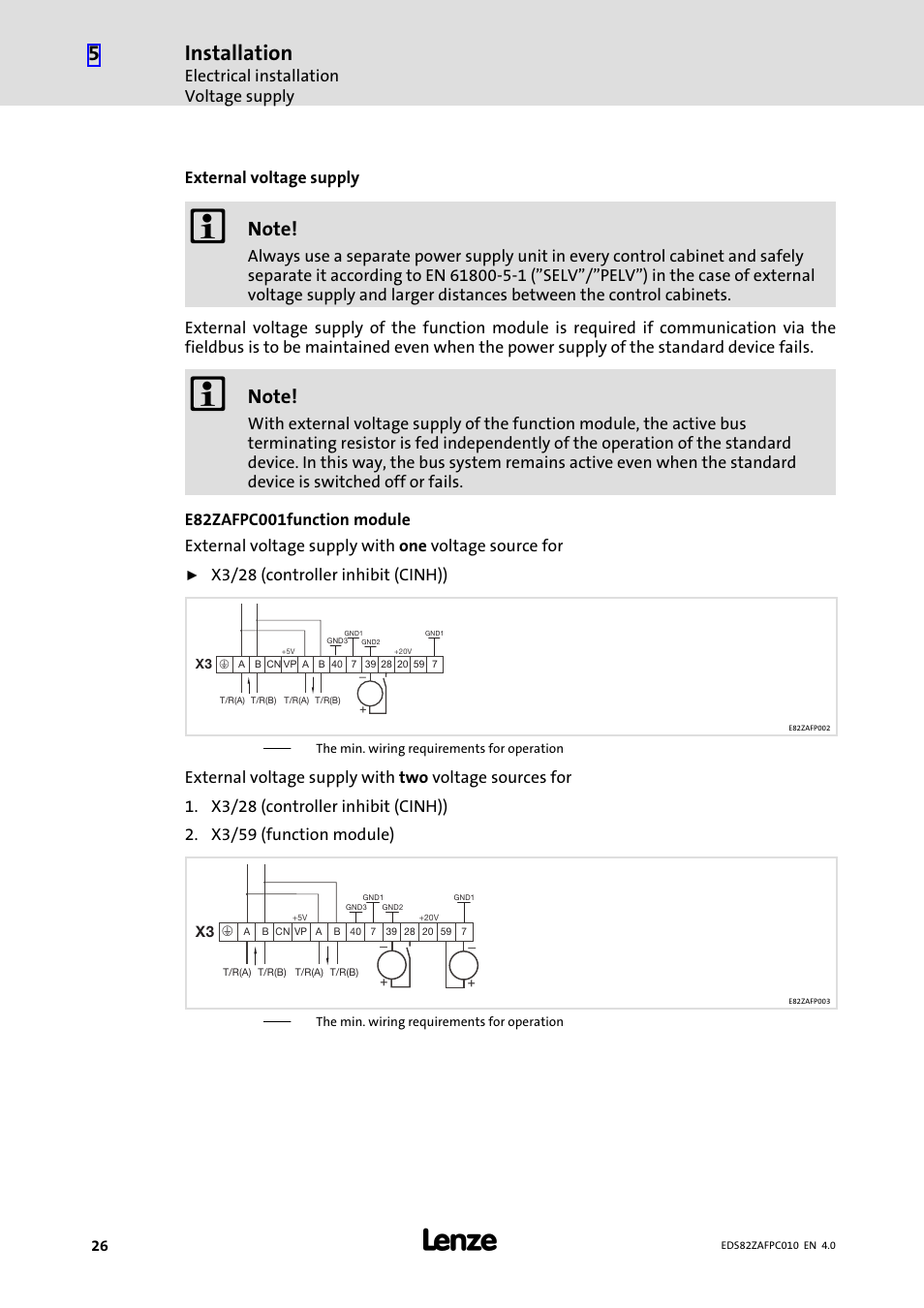 Installation, Electrical installation voltage supply, External voltage supply | X3/28 (controller inhibit (cinh)) | Lenze E82ZAFPC010 User Manual | Page 26 / 94