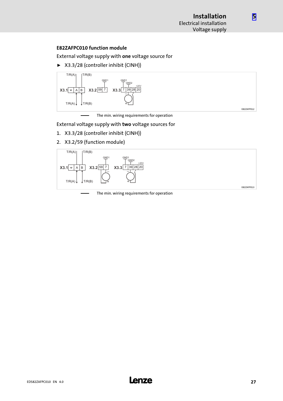Installation, Electrical installation voltage supply, X3.3/28 (controller inhibit (cinh)) | Lenze E82ZAFPC010 User Manual | Page 27 / 94