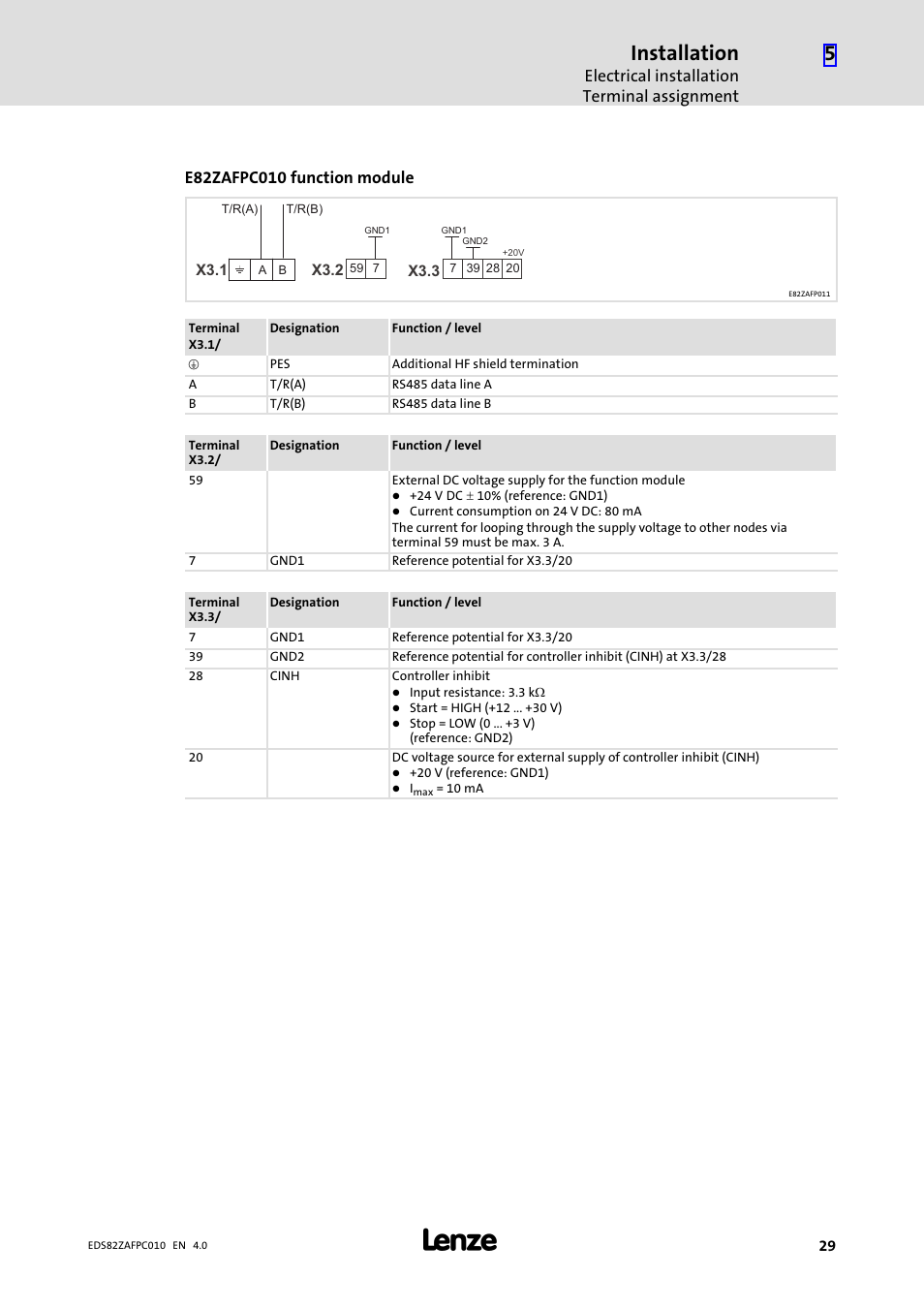 Installation, Electrical installation terminal assignment | Lenze E82ZAFPC010 User Manual | Page 29 / 94