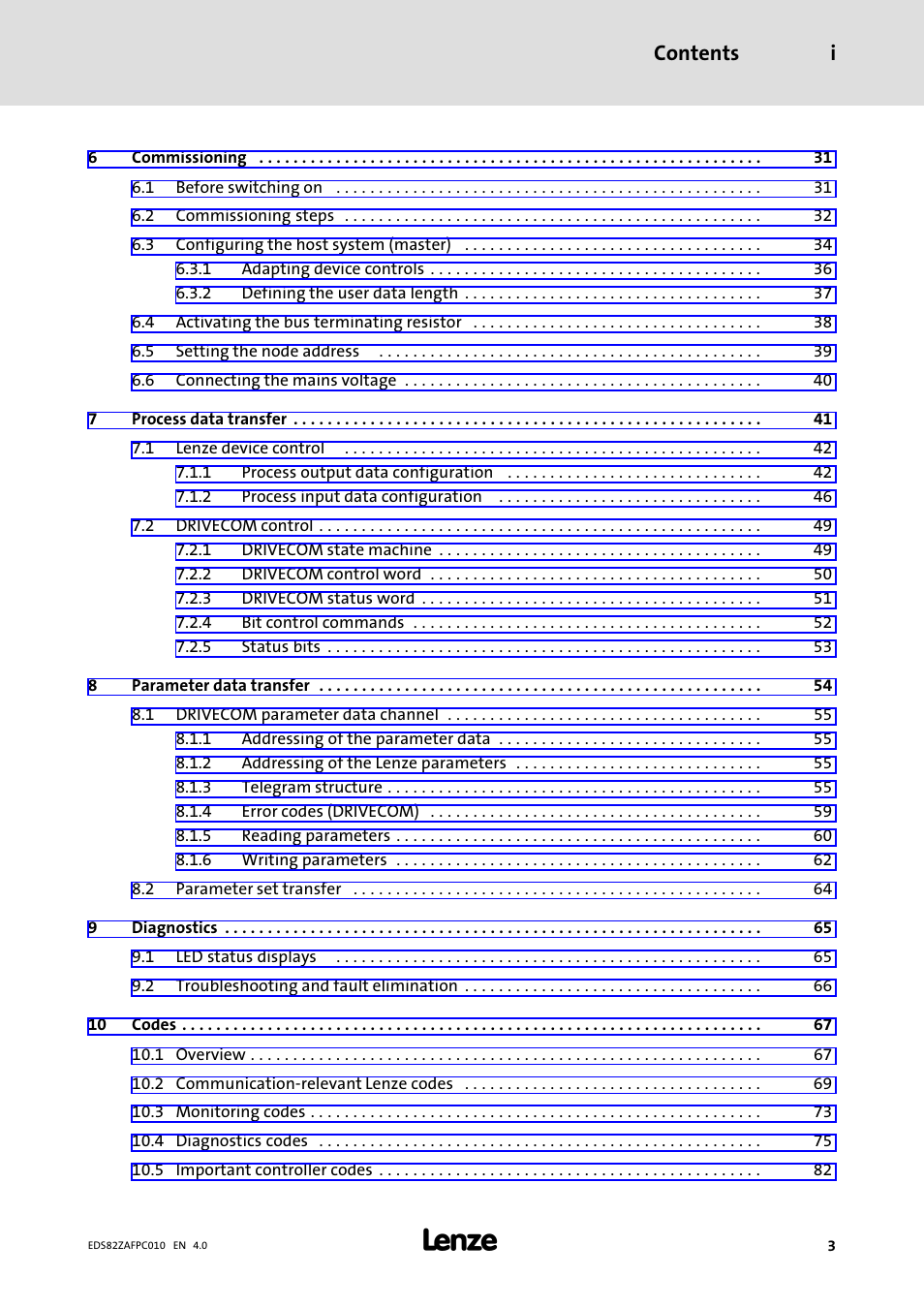 Contents i | Lenze E82ZAFPC010 User Manual | Page 3 / 94